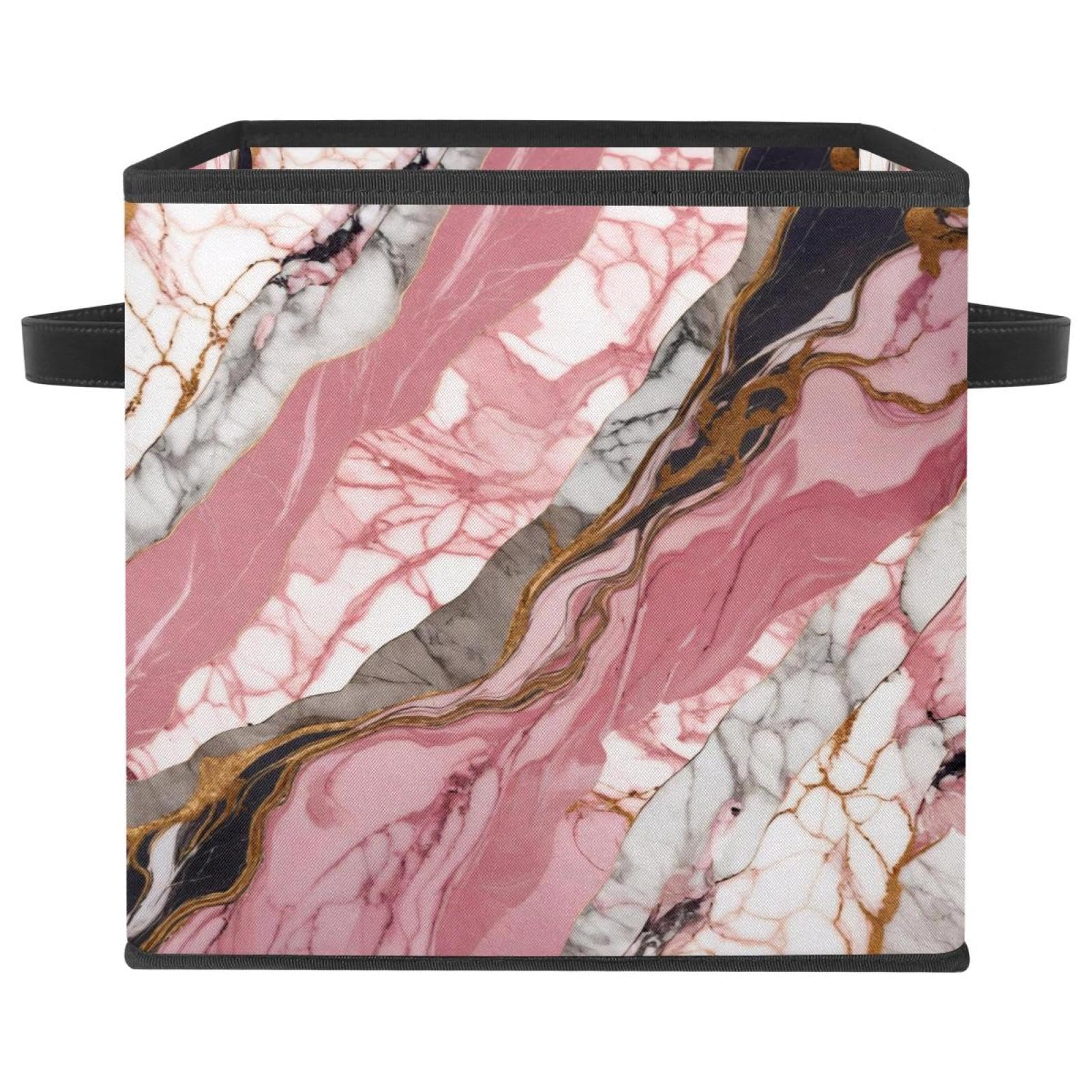 Grand cube de rangement marbre rose boîte pliable avec poignées en cuir pour placard et salon