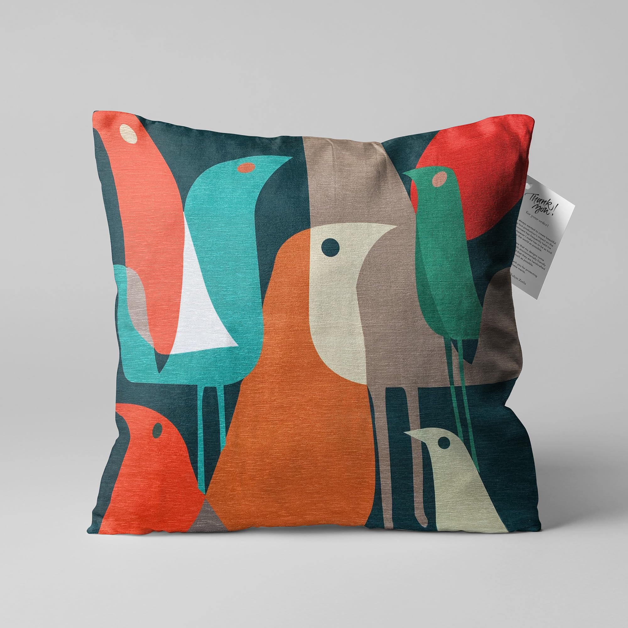 OyzShop Abstract Birds Themed Pillow Cover with Multicoloured on Green Background, Double Sided on the Soft Velvet Fabric with Multi Sizes, OEKO-TEX 45x45cm (18x18 Inches)