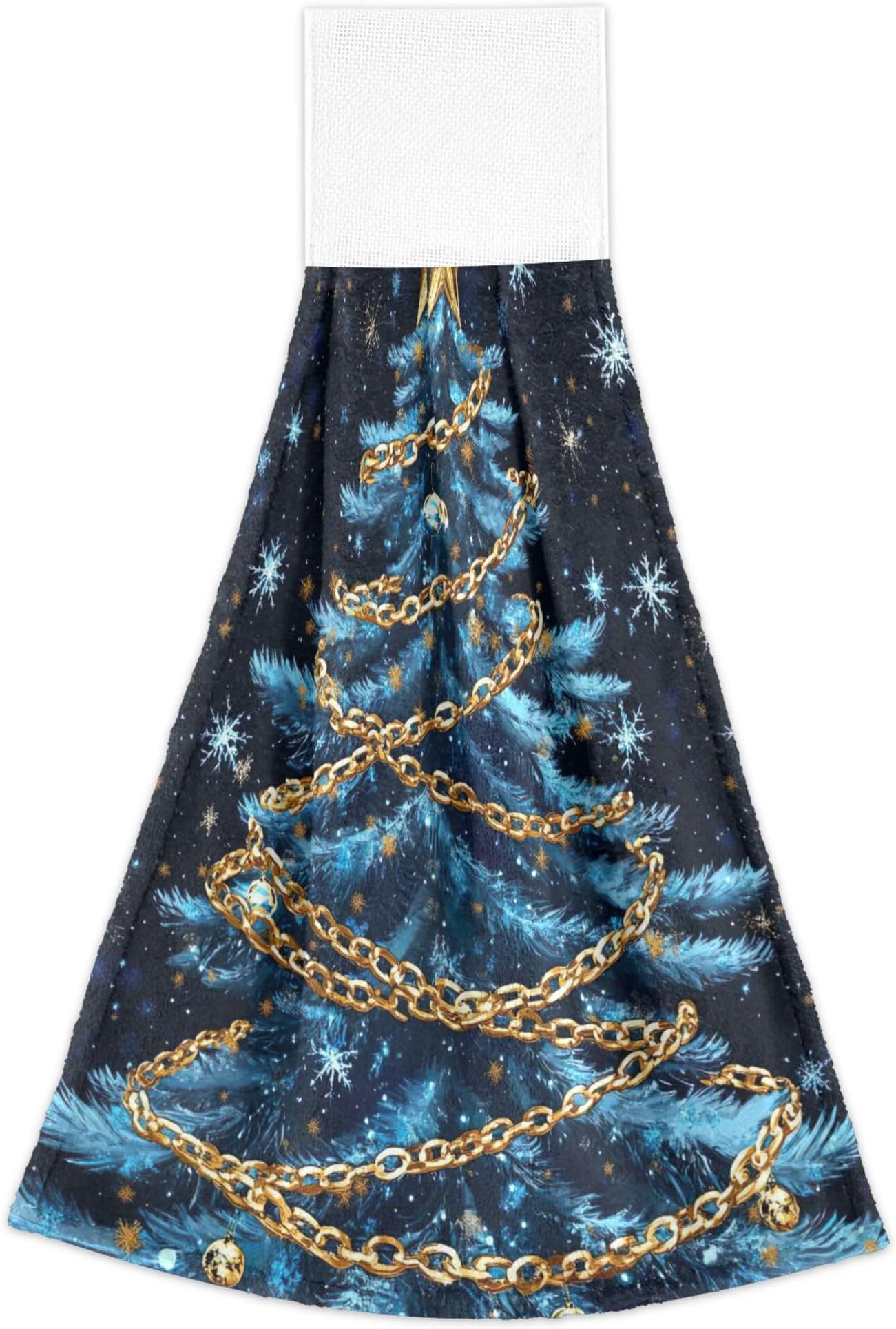 xigua Cute Christmas Tree Kitchen Tie Towel Set of 2, Fast Absorbent and Soft Kitchen Towels with Hanging Loop and Magic Stickers, Hanging Cloth Hand Wipes Towels for Bathroom Kitchen