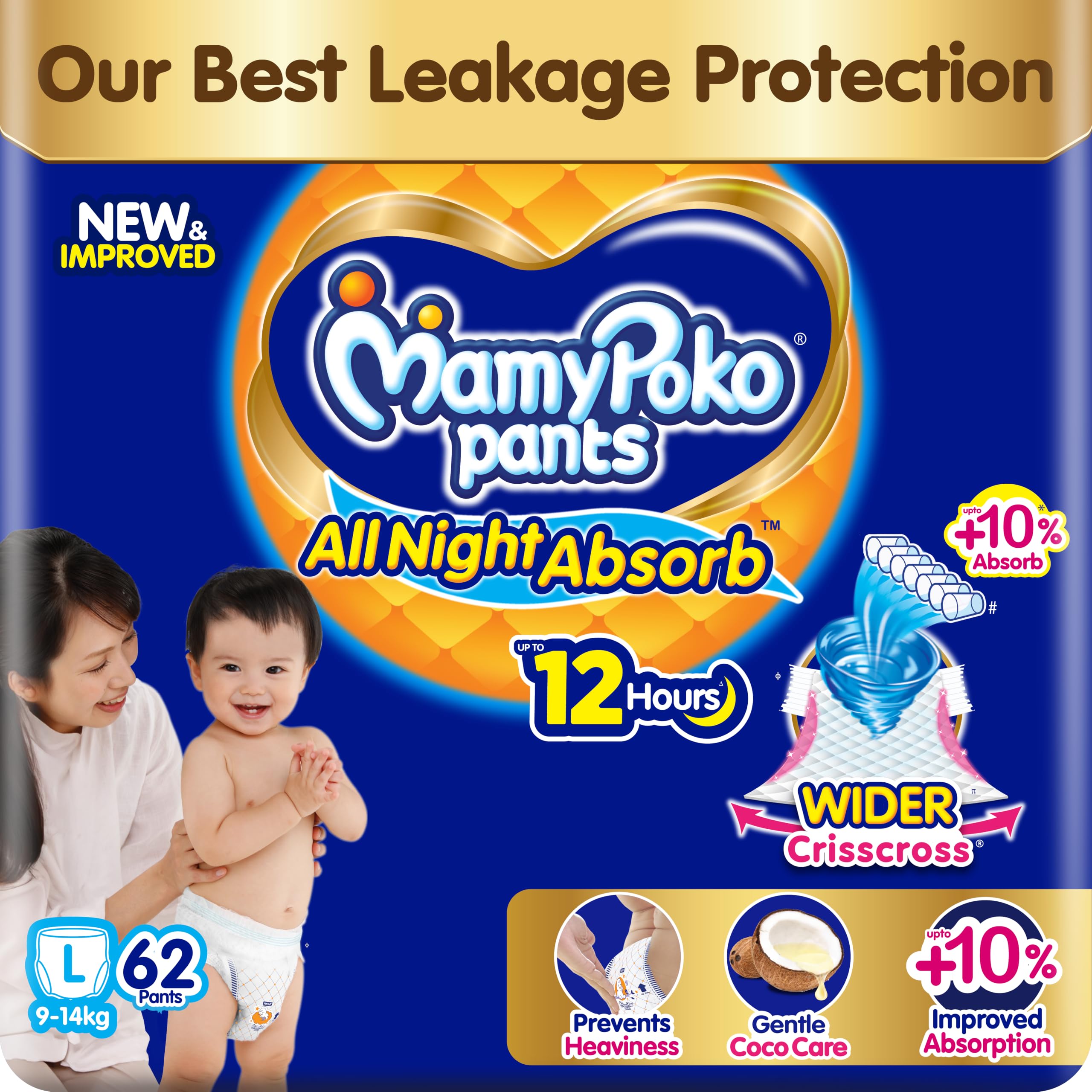 New Mamypoko Pants Premium All Night Absorb| Pant Style Baby Diapers Large Size(L), 62 Count, Ideal for 9-14Kgs|1 Diaper= Upto All Night Absorption now with 10% increased power|Wider Crisscross Sheet|Gentle Coco Care| 12hr Leakage Protection| Prevents Heaviness.-image-31