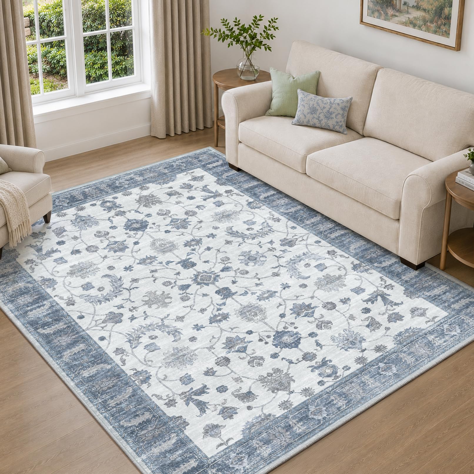 INOVADAY Washable Rug Vintage Boho 140x200 cm Blue Living Room Rug
