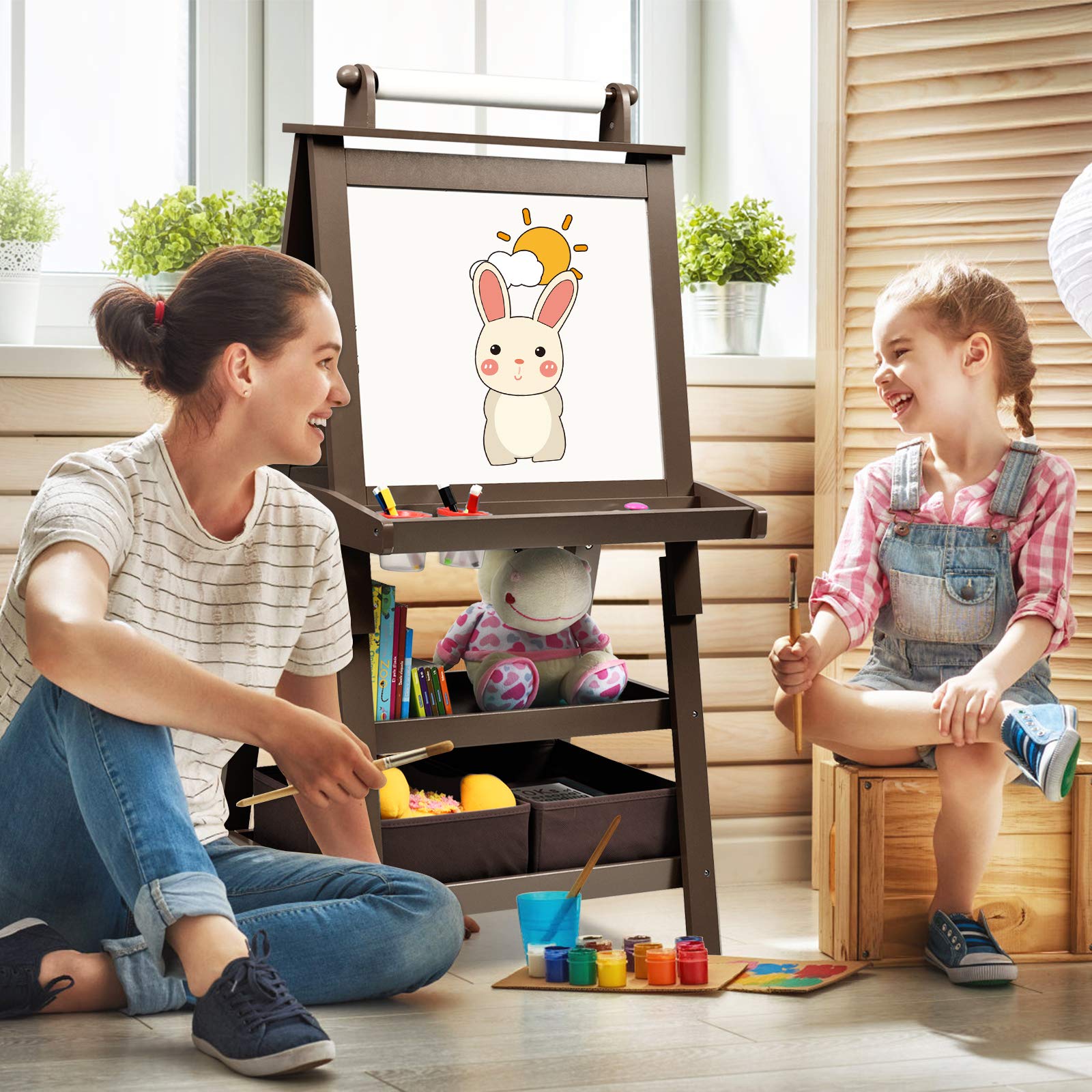 GOPLUS 3 in 1 Standtafel für Kinder, Magnetisches Whiteboard & Kreidetafel, Doppelseitiger Staffelei mit Aufbewahrungsbox, Maltafel, Schreibtafel, Kindertafel ink. Malpapier und Magneten (Braun)