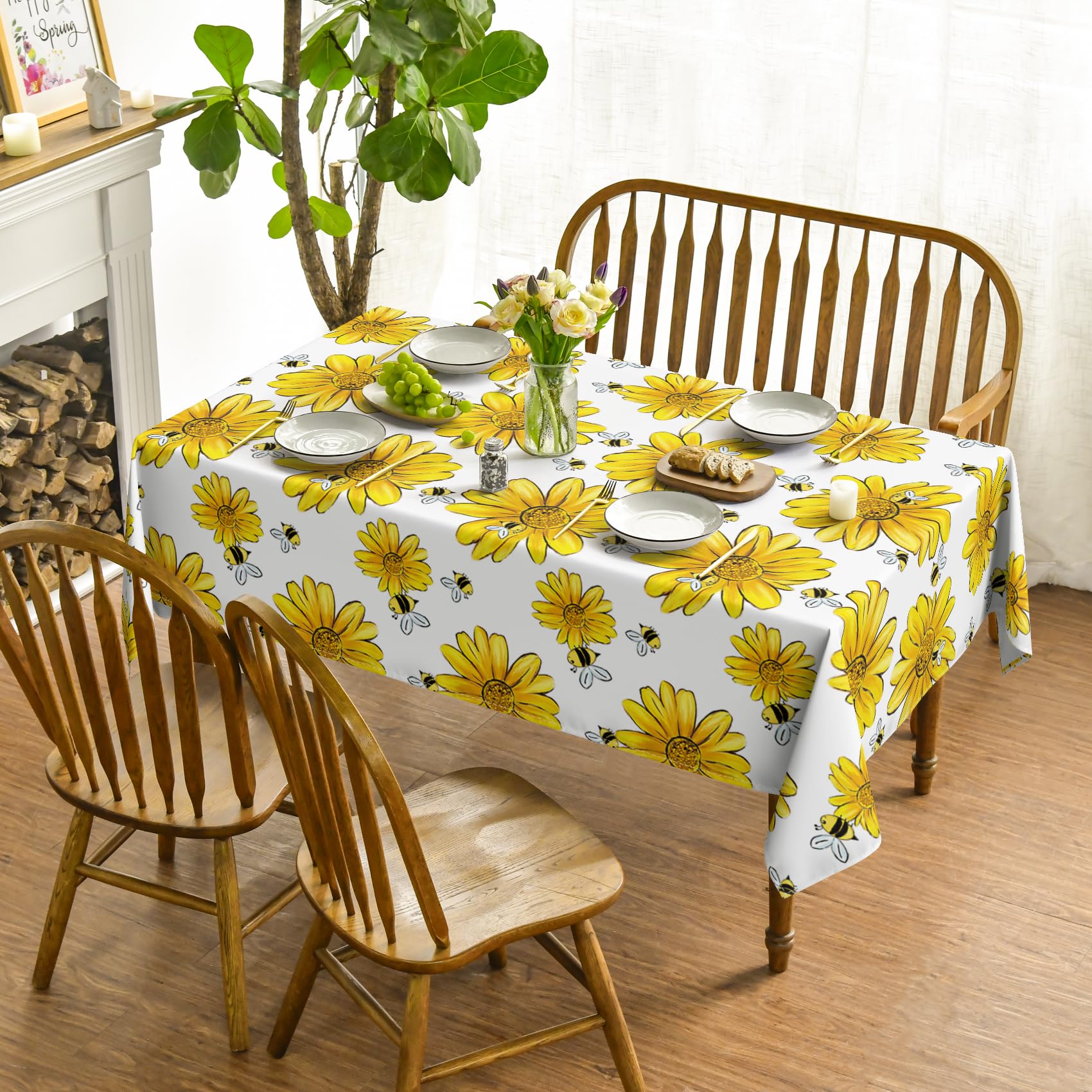 ldaily Mantel de Verano 132 x 178 cm, Amarillo Girasol abejorro Abeja Blanco otoño Lavable Cubierta de Mesa para decoración de Fiesta Picnic Cena