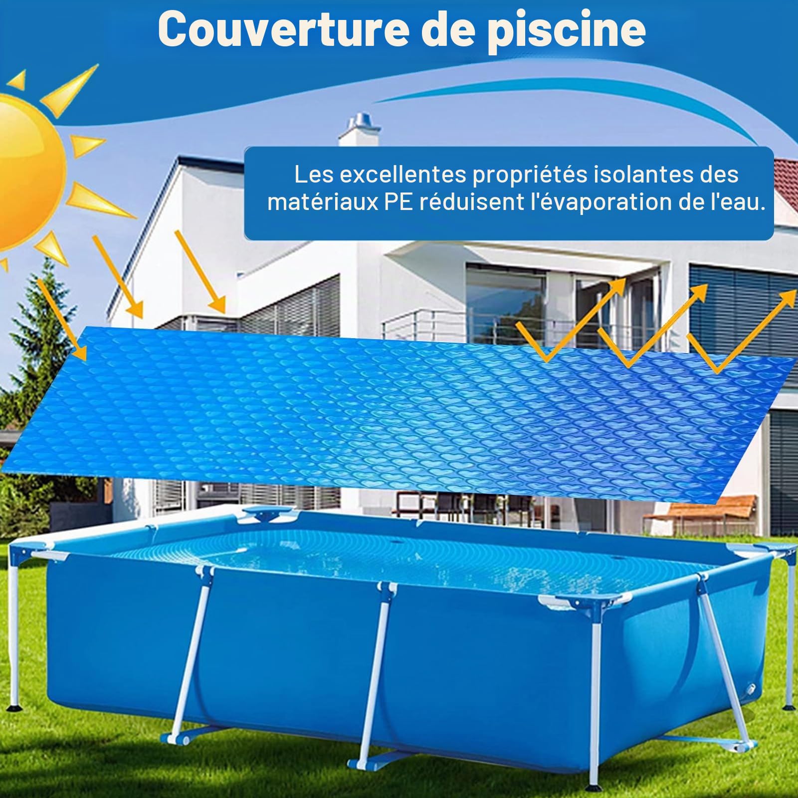Bâche de protection ronde pour piscine, bâche solaire à bulles, film isolant de piscine, épais et durable, résistant à la poussière et aux feuilles, découpable (bleu, 300 x 200 cm)