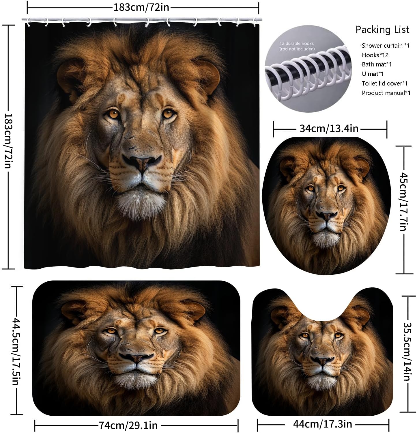 4 Pcs Lion Shower Curtain with 12 Hooks, Natural Realistic Golden Hues Lion Bathroom Sets with Shower Curtain and Rugs Toilet Lid Cover Animal Kids Shower Curtain Set Bathroom Decorations