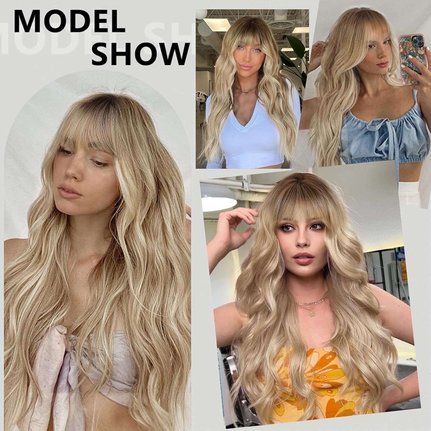 Lativ Dirty Blonde Wig With Bangs Long Wavy Curly Ombre Blonde Wig with Dark Roots Synthetic Heat Resistant Wigs for Women Daily Party Use 26 Inches - Image 6