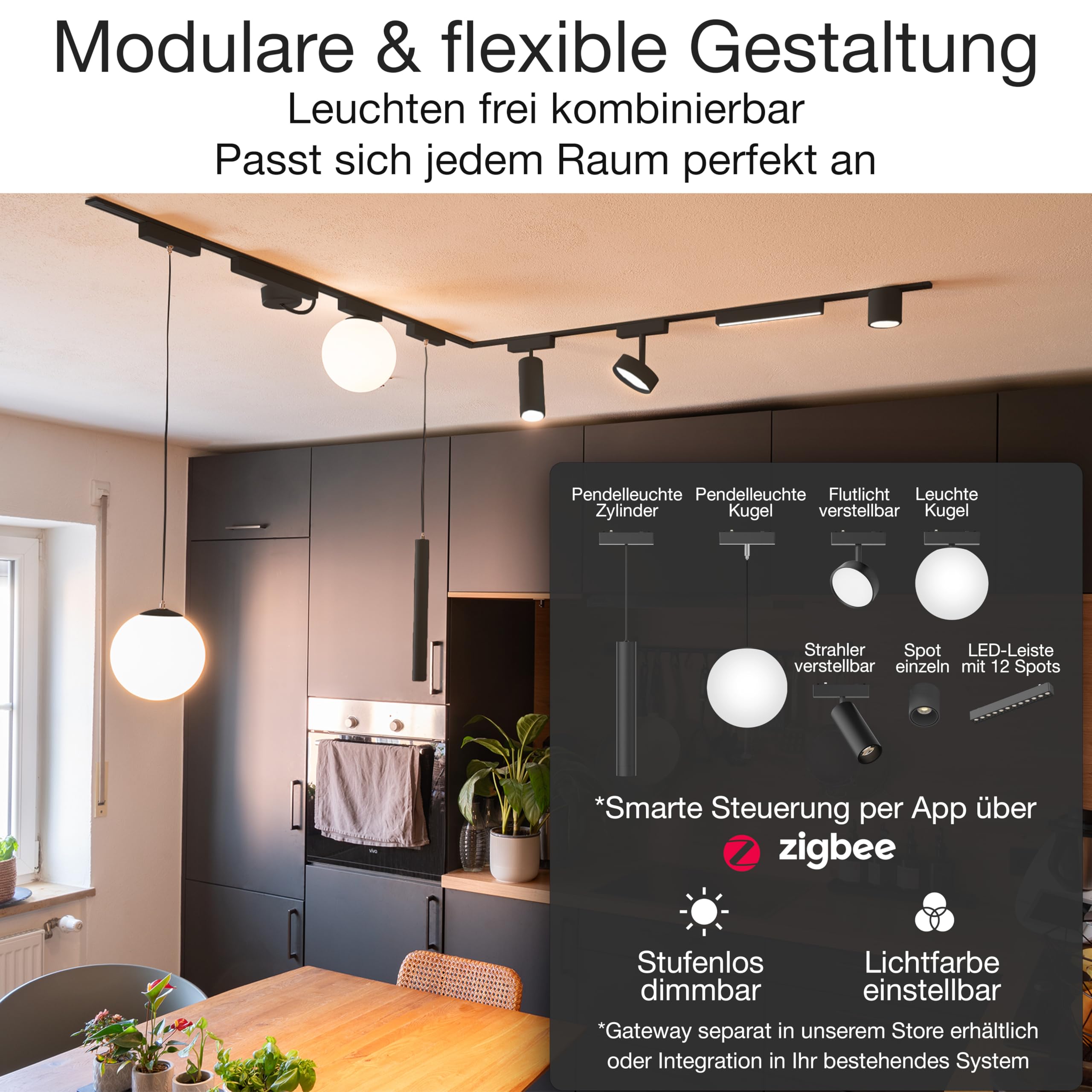 LED Schienensystem Decke – Komplettset mit 3 Leuchten – Zigbee dimmbar – Deckenlampe für Wohnzimmer, Küche, Esszimmer – moderne Deckenleuchte – Lichtschienensystem Schwarz