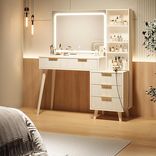 Miniatura 2 de Escritorio de tocador de 44 pulgadas con espejo y luces, escritorio de maquillaje con toma de corriente, escritorio de maquillaje con 5 cajones y