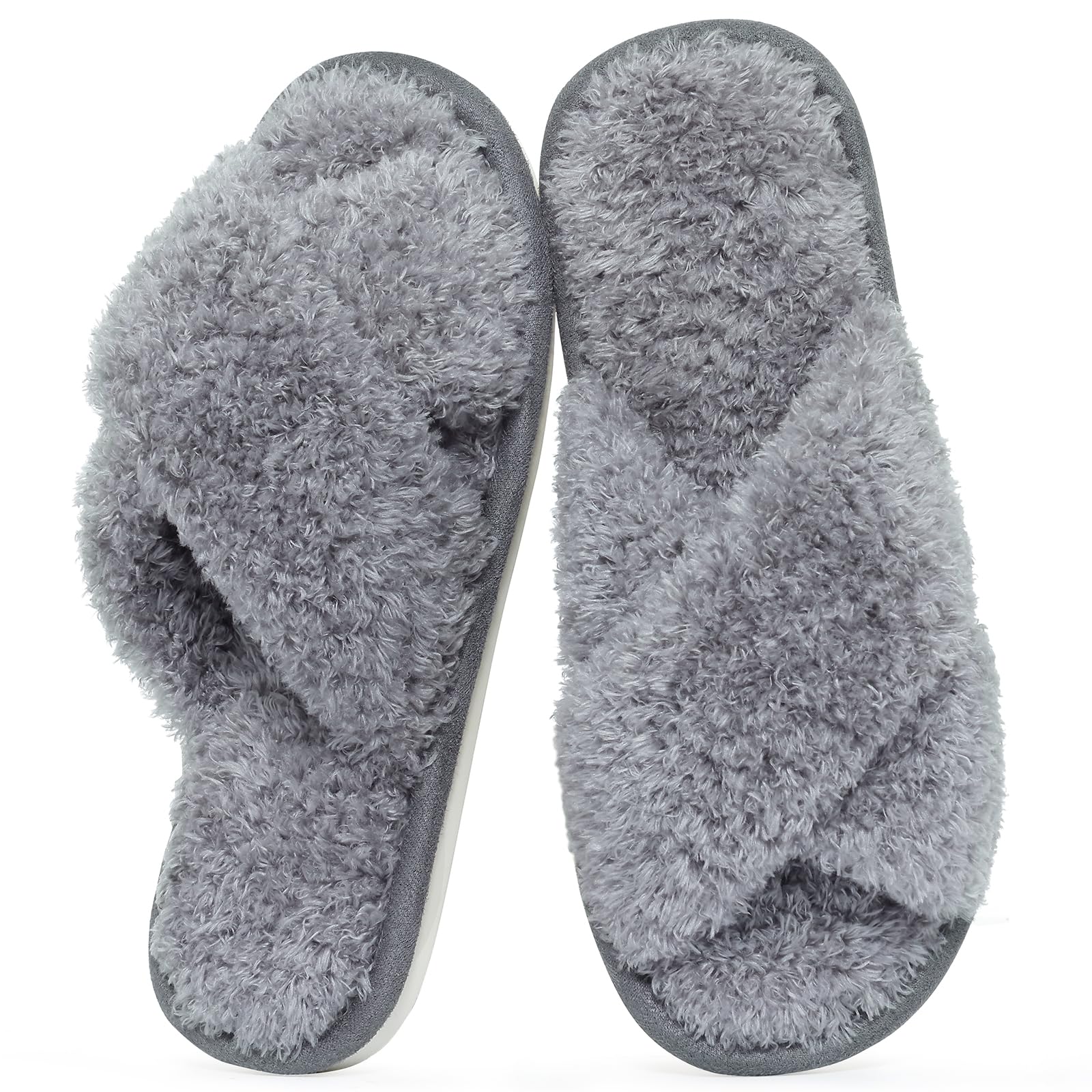 Evshine Women's Fuzzy Slippers Cross Band Memory Foam House Slippers Open Toe: 10-11 Cherry Velvet Grey