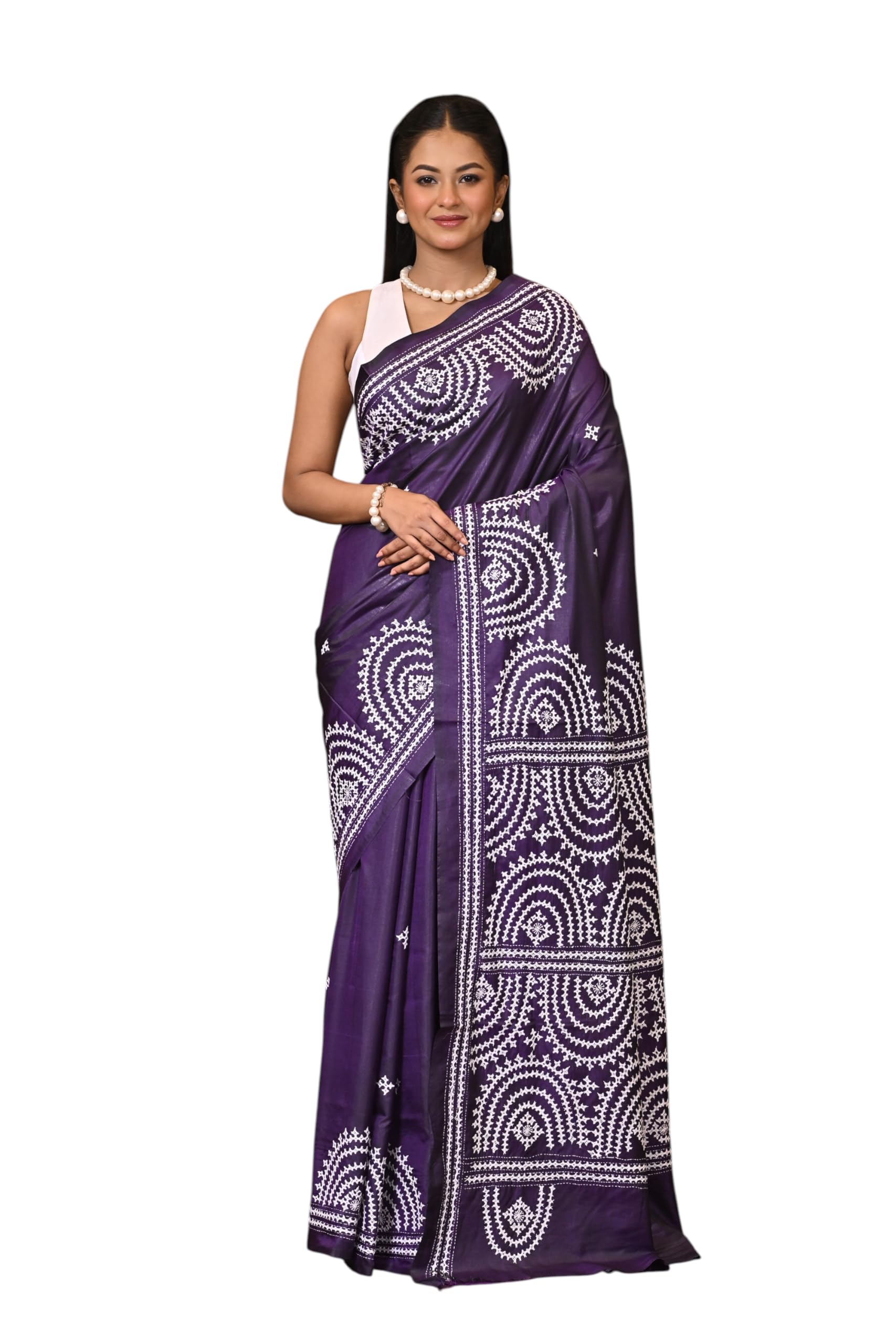 Blended Silk Kantha Stitch Saree Silk Blend Dark Blue-image-23