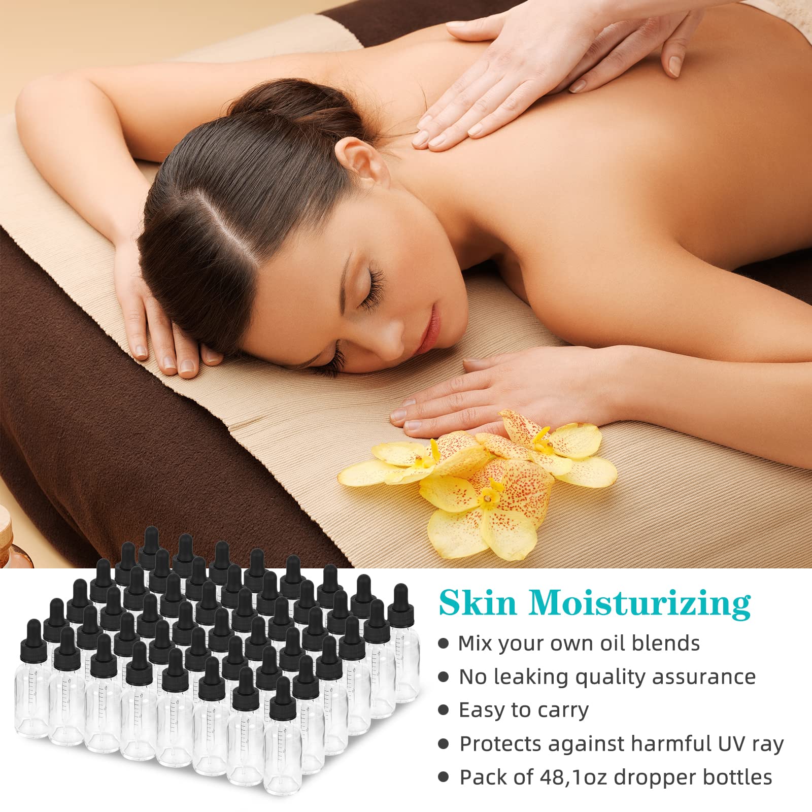 Tropfflasche, 30 ml, 48 Stück, klare Glasflaschen, 30 ml, mit Pipetten, schwarze Kappen für ätherische Öle, Parfüm, auslaufsichere Reiseflaschen für Flüssigkeiten