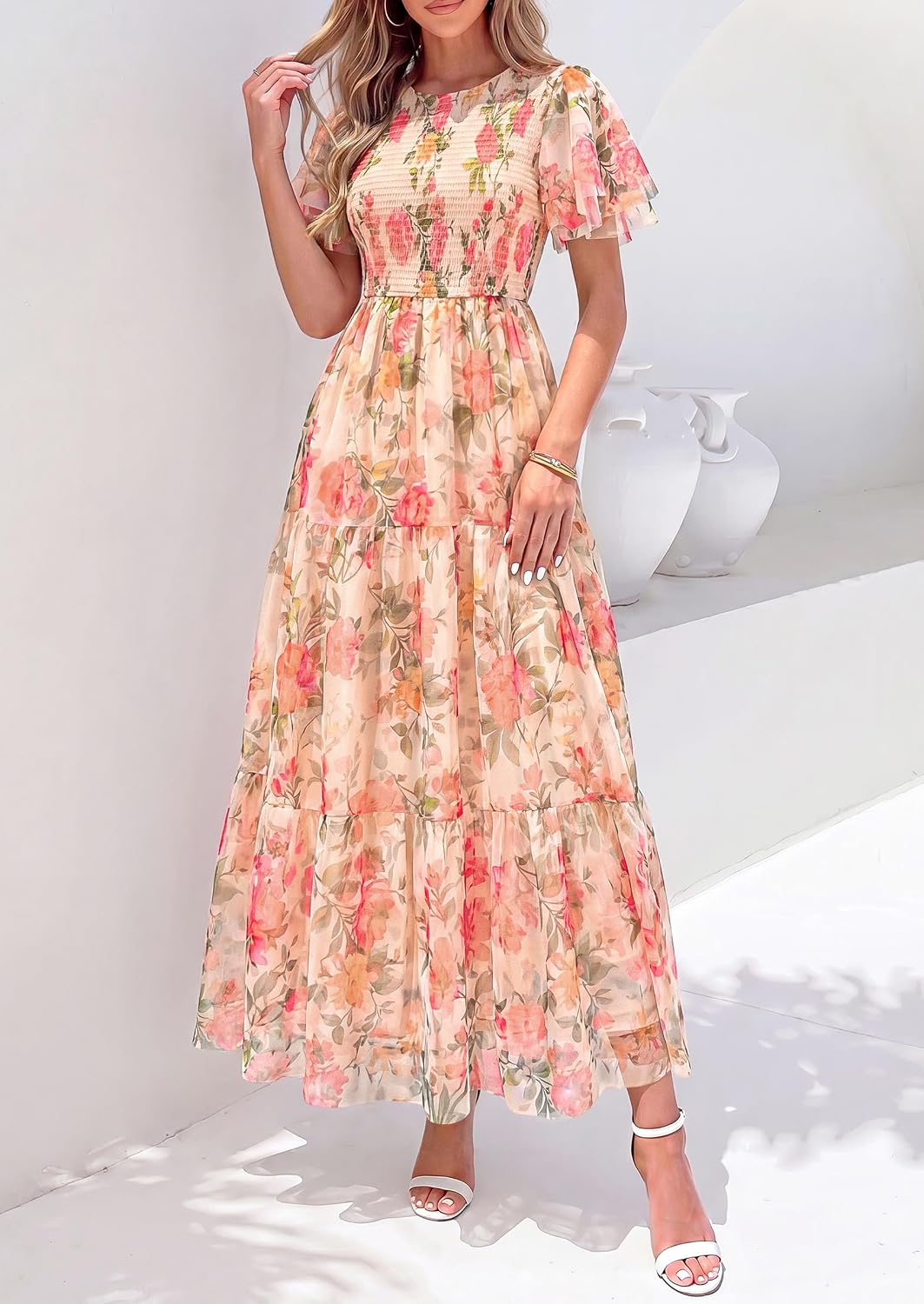 PRETTYGARDEN Tulle Floral Dress Women Summer Wedding Guest 2026 Spring Short Sleeve Maxi Smocked Flowy Beach Party Dresses