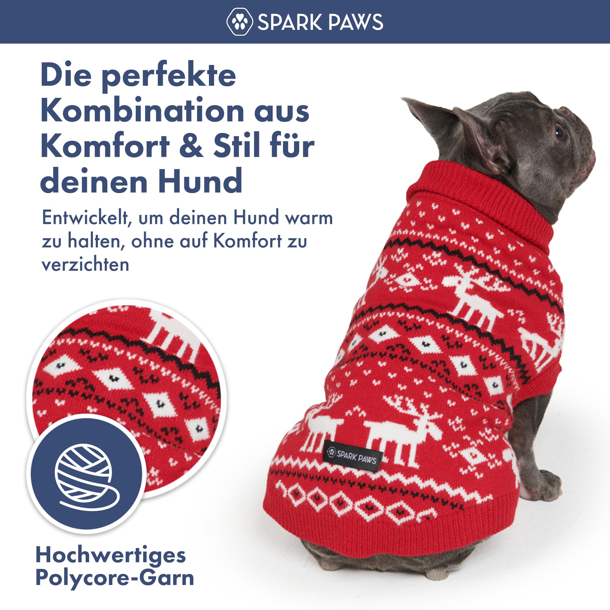 Spark Paws Weihnachts Hundepullover – Weicher Strickpullover für kleine, mittlere & große Hunde – Süßer, Warmer Hundepullover für French Bulldogs & große Hunde, (Dasher Red, M)