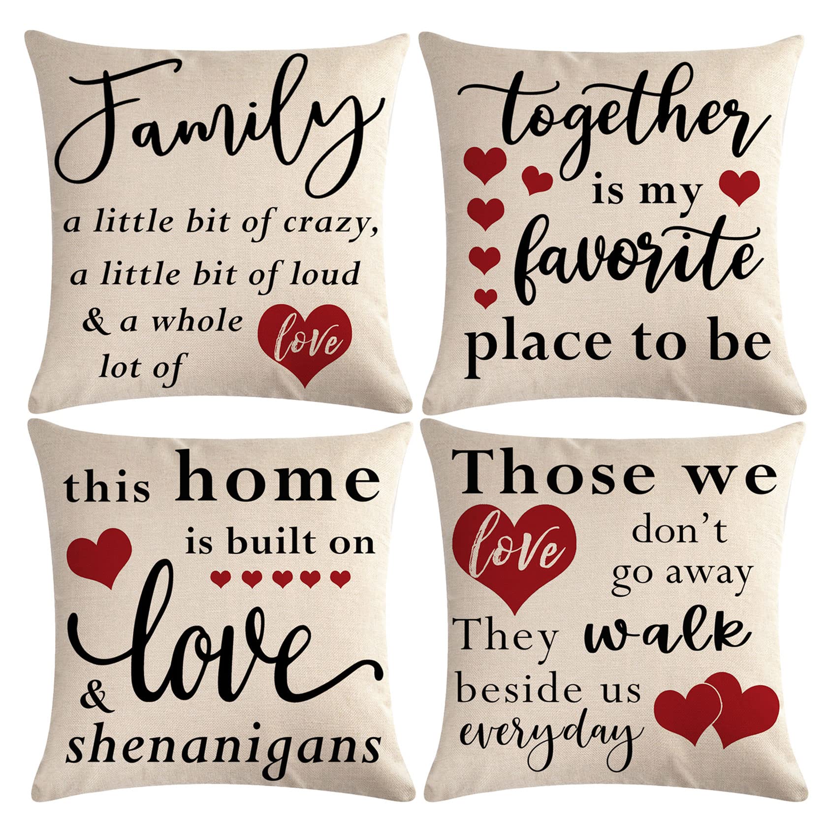 7COLORROOM 4Pack Family Saying Pillow Covers Rustic Home Words Country Red Heart Cushion Cover Farmhouse Inspirational Quotes Decor Pillowcases 18" x 18" for Housewarming Gifts Sofa/Couch/Porch (Red)