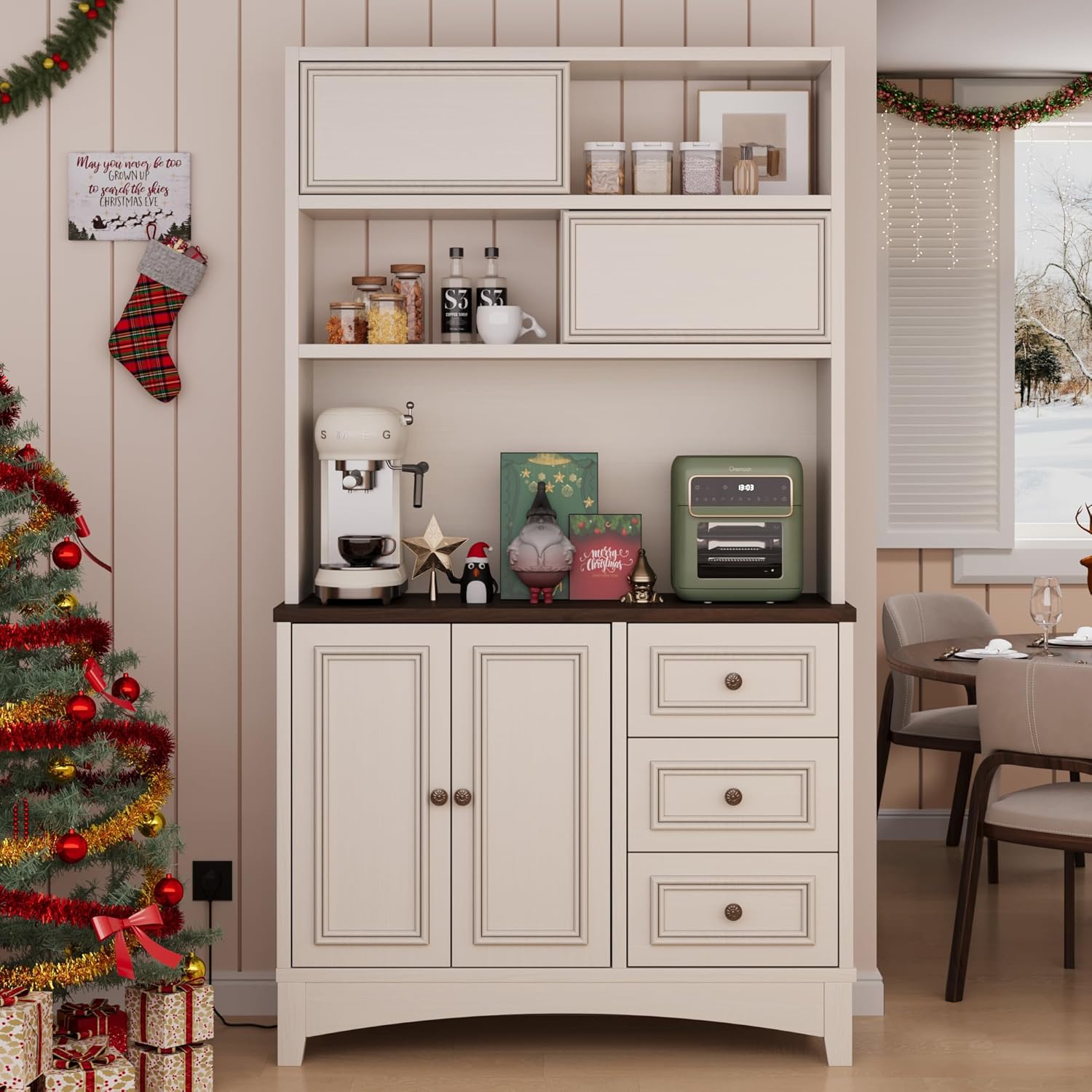 BOSHIRO 71" Antique White Pantry Cabinet with Charging Station, 4-Type Storage & Anti-Tip Design, Farmhouse Kitchen Cabinet with Adjustable Shelves