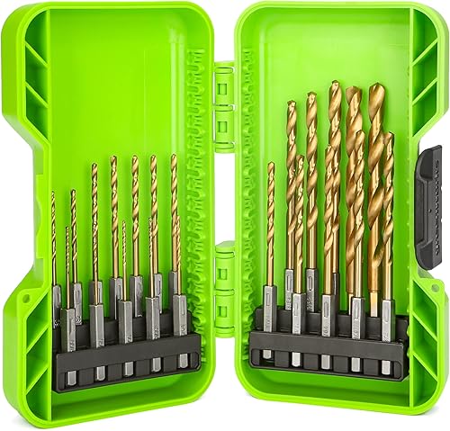 Greenworks Juego de 22 brocas helicoidales de titanio, acero de alta velocidad con punta de 135, ideal para perforación en maderahierro