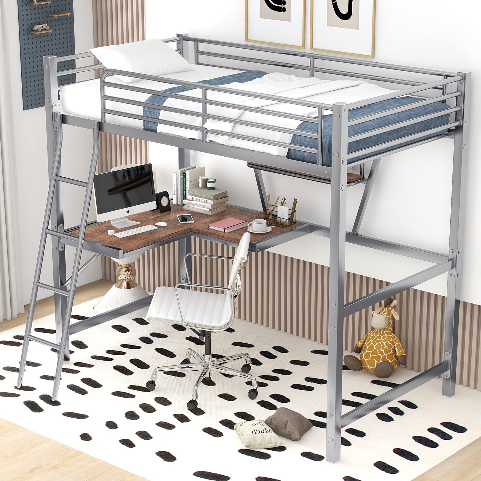 LostCat Twin Loft Bed with Shelf and Desk,Metal Structure Bedframe with Safety Guardrail and Ladder,for Kids/Teen/Adults Bedroom,77.2''L x 41'' W x 66.1'' H,Black