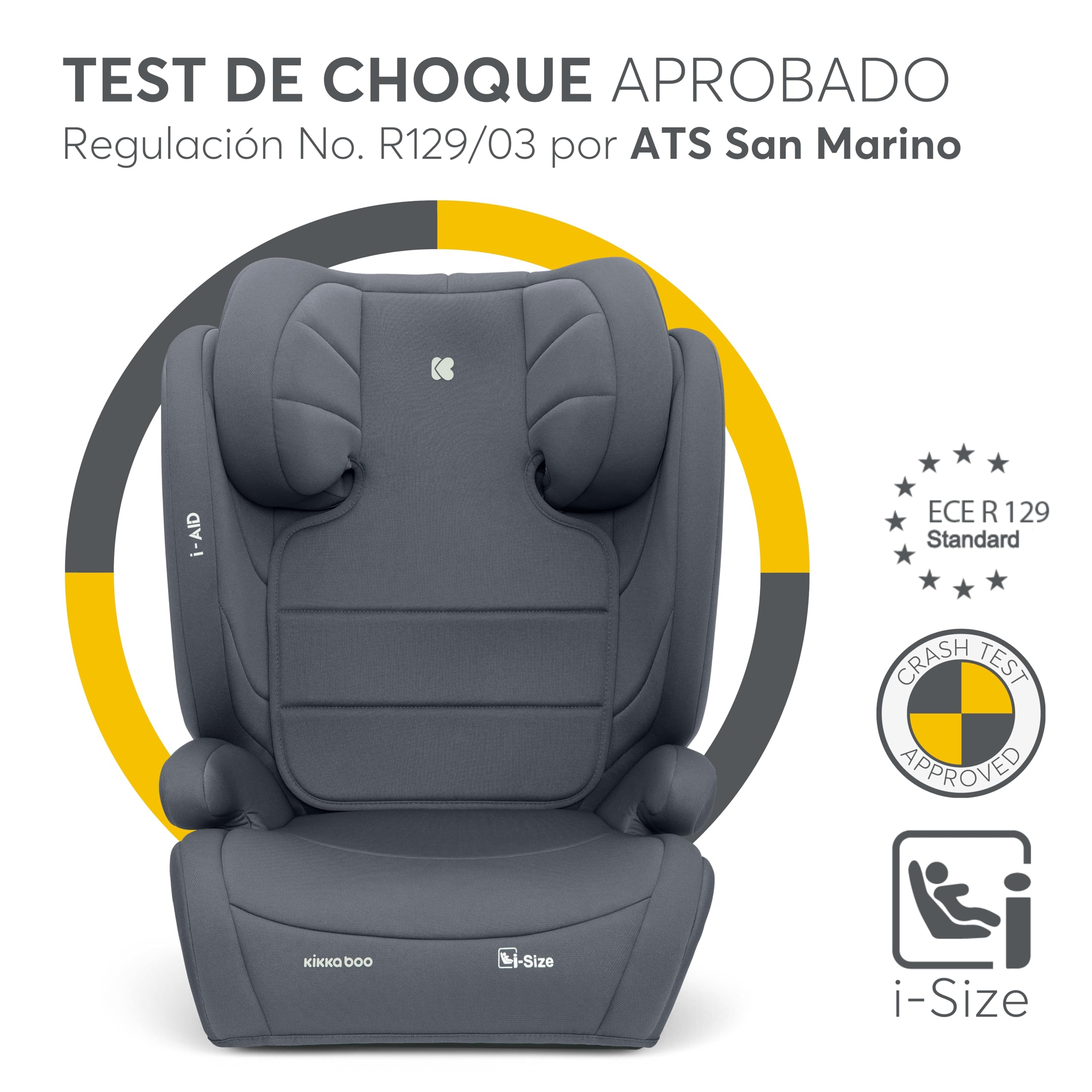 KikkaBoo Silla Coche Grupo 3 (15-36 kg, 100-150 cm) i-AID, Silla Para Niño sin ISOFIX, i-Size, De 3,5 a 12 Años, 13 Posiciones Reposacabezas, Gris — view 3