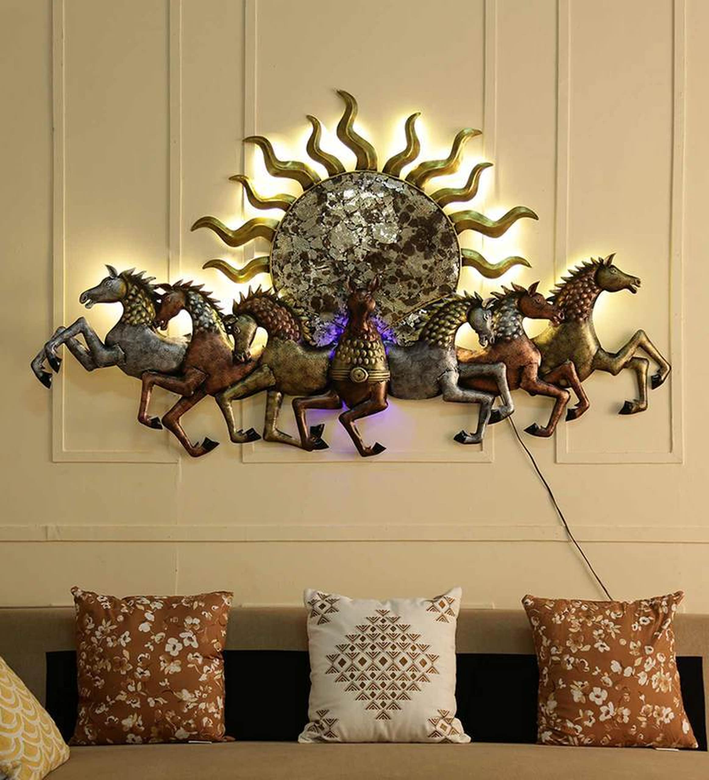 MICROTEX Iron Metal Sun Horse Beautifully Designer Wall Hanging Panel For Room, Hall, Living Area (Multicolour), 146.05 Cm