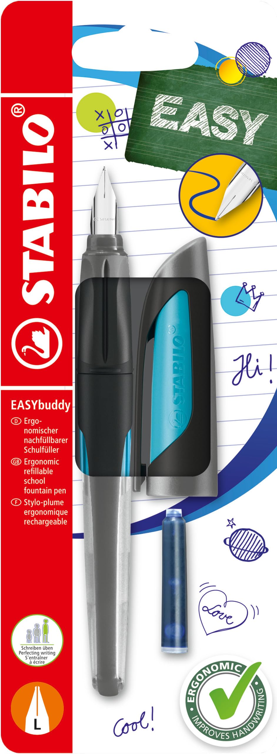 STABILO EASYbuddy - Ergonomic School Fountain Pen - L -Nib - Left-Handed - Pack of 1 - Black/Sky Blue