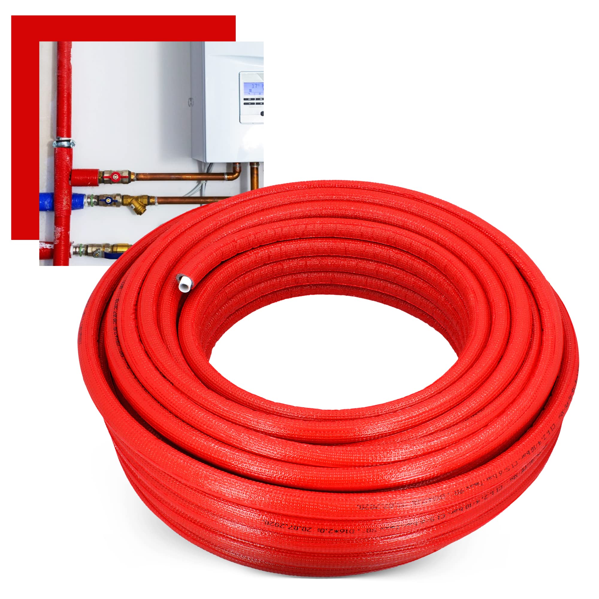 Tubo preisolato PEX/AL/PEX con rivestimento in polietilene, resistente, durevole, 16 x 2 mm, rosso, 50 m, per sistemi di riscaldamento e fornitura idrica