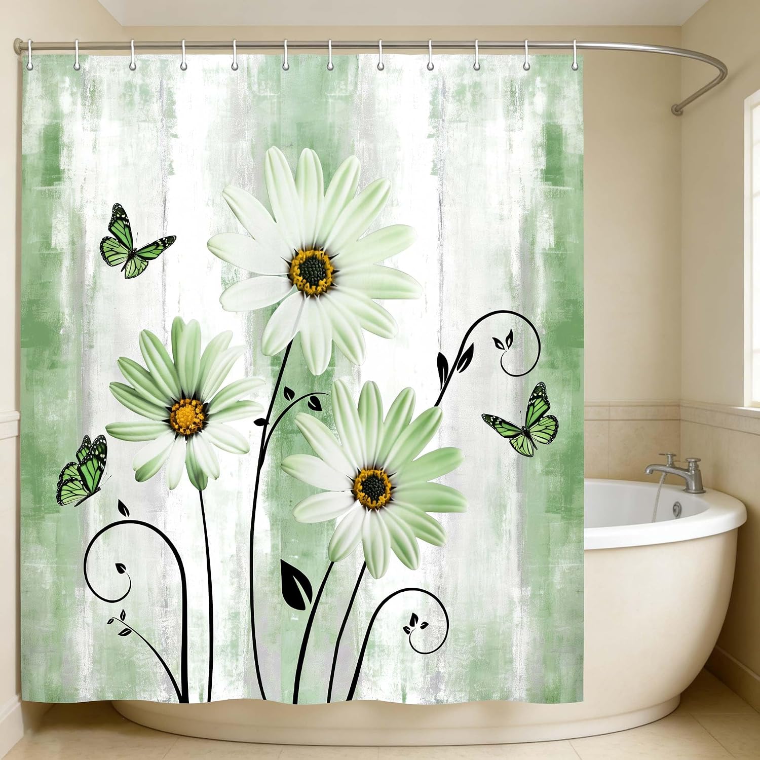 JAWO Floral Shower Curtain, Farm Rustic Farmhouse and Butterfly on Country Wooden Shower Curtain, Turquoise Blue Shower Curtain with Hooks, 72X78 Inches, Moss Green
