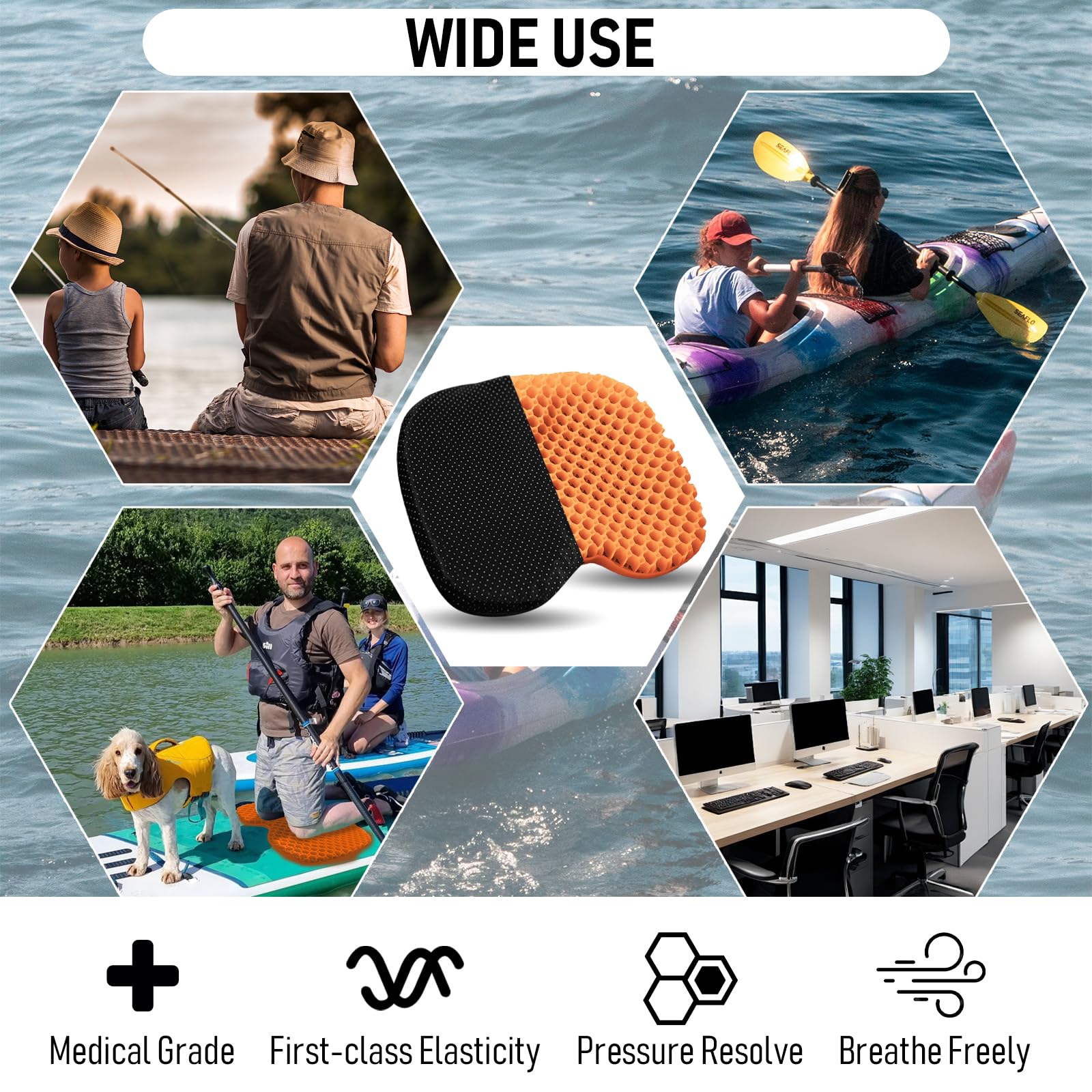 Cuscino per sedile del kayak, addensato, antiscivolo, impermeabile, in gel, portatile, per canoa, canottaggio, gommone, gommoni, stadio, kayak, pesca, kayak, accessori (2 pezzi/arancione)