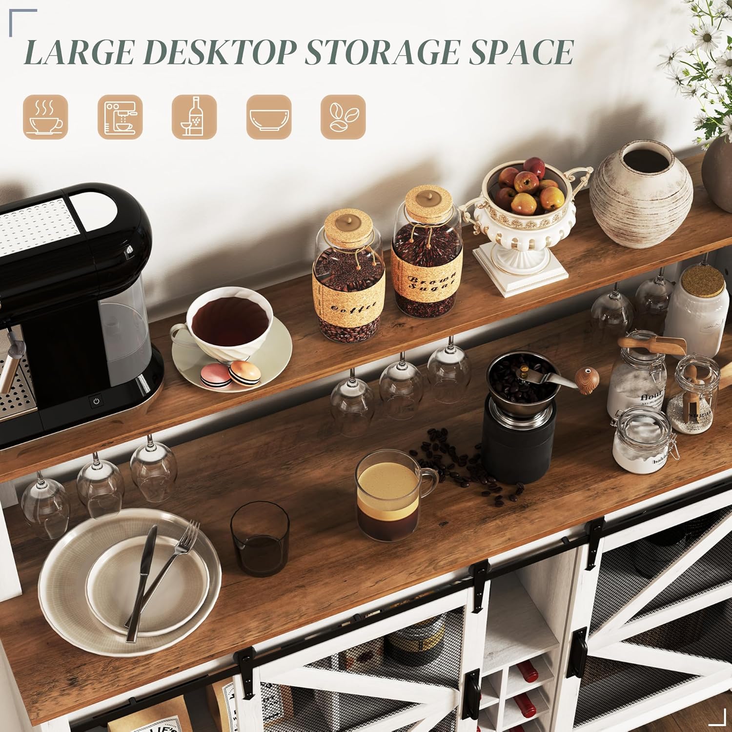 HOMCOM Farmhouse Coffee Bar Cabinet with Smart App Control LED Lights, 55" Wine Bar Cabinet with 12-Bottle Rack, Glass Holder, Kitchen Sideboard Buffet with Sliding Mesh Doors, Distressed White