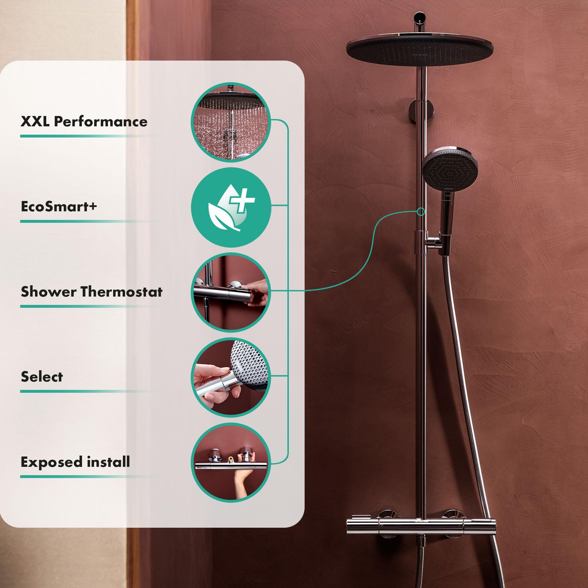 hansgrohe Raindance Alive S Puro - sistema de ducha max. 6 l/min (EcoSmart+) con termostato, ducha lluvia (300 mm) con grifo, ducha de mano, flexo, barra, ducha fija redonda, cromo, 24594000