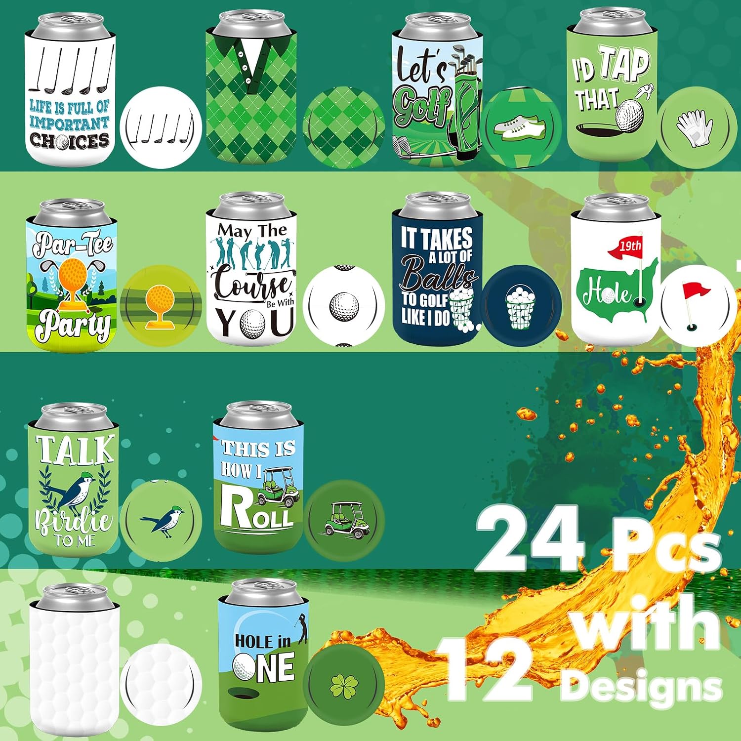 24 Count Funny Golf Themed Can Cooler Insulated 12 oz Can Sleeve Bulk Golf Party Supplies Reusable Neoprene Cup Holder Gifts for Home Game Bachelor Wedding Outdoor Dad Birthday