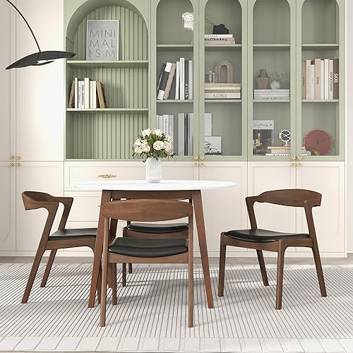 Miniatura 6 de Silla de comedor de cuero negro de madera maciza, juego de 2, moderna de mediados de siglo, marrón nogal, altura del asiento 18 pulgadas