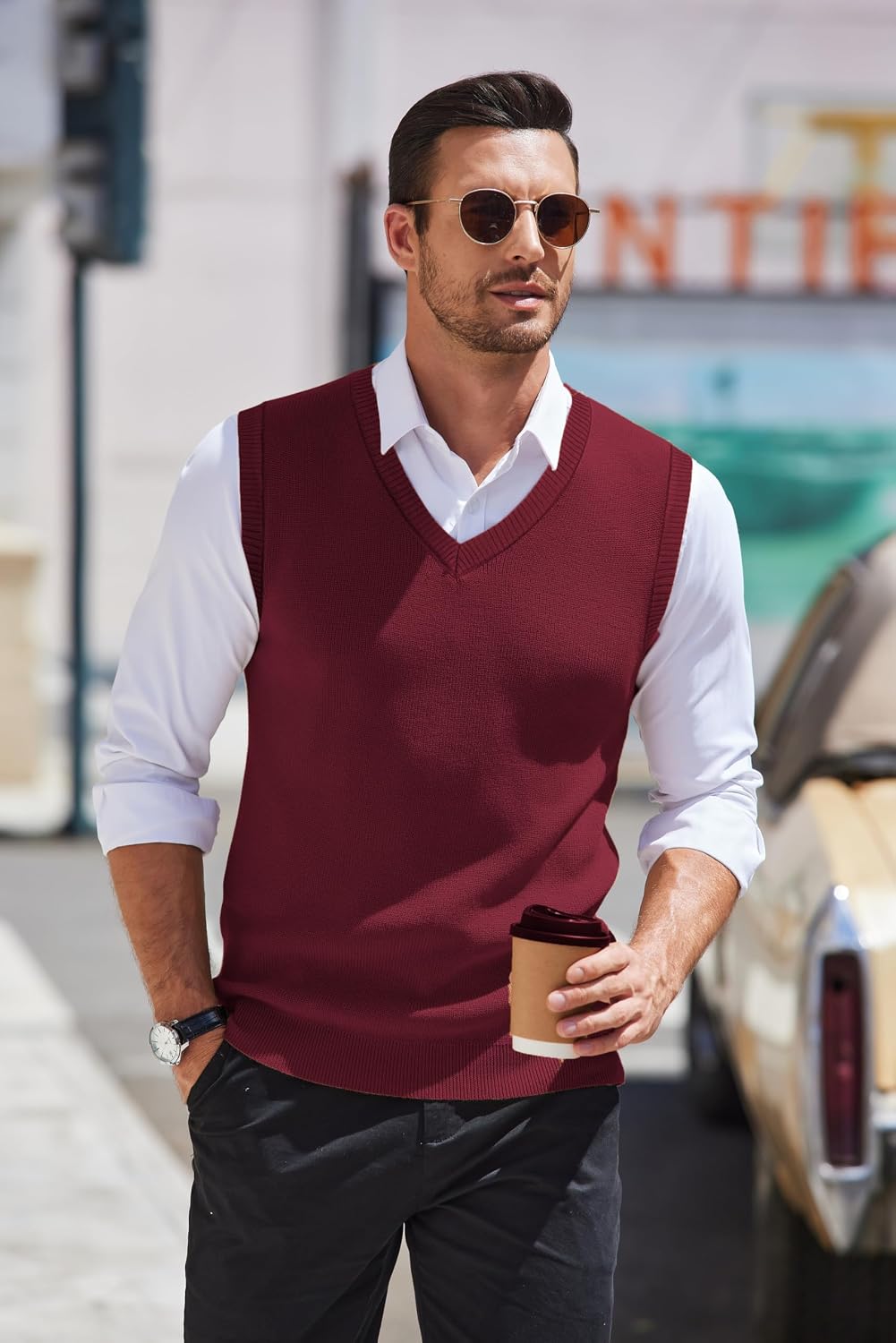 COOFANDY Men's Sleeveless Sweater Vest V-Neck Solid Cotton Pullover