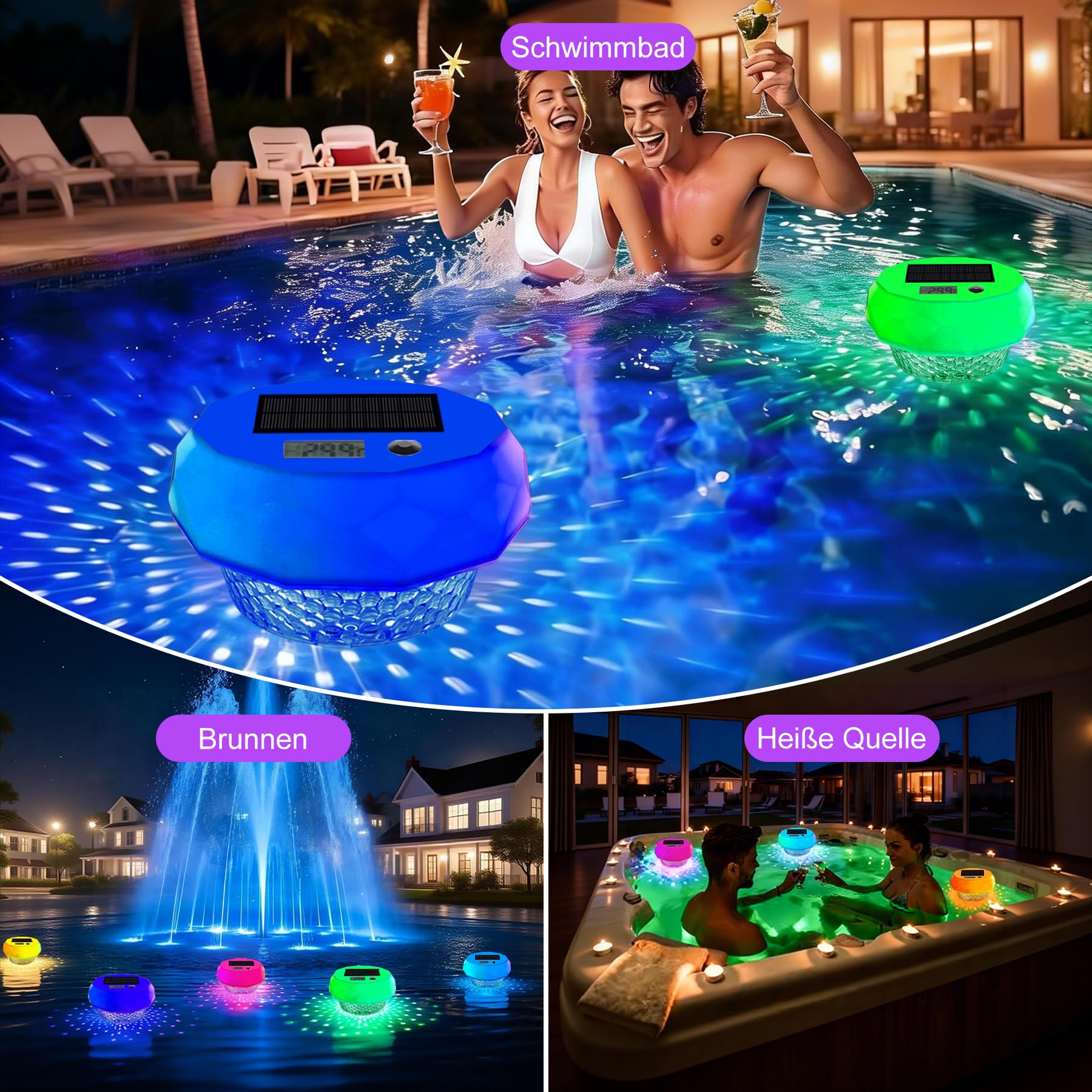 Solar Poolthermometer Digitales, Schwimmend Thermometer mit Bildschirm und Timerfunktion, Pool Thermometer mit 8 dynamischen Lichteffekten, IP68 Wasserdicht Digital Thermometer für Pool, Teich Weiß