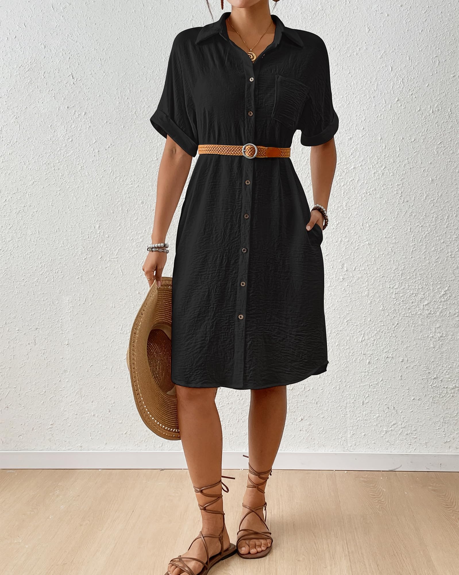 Bsubseach Vestido camisero de playa hasta la rodilla para mujer, con bolsillos, Negro, Large