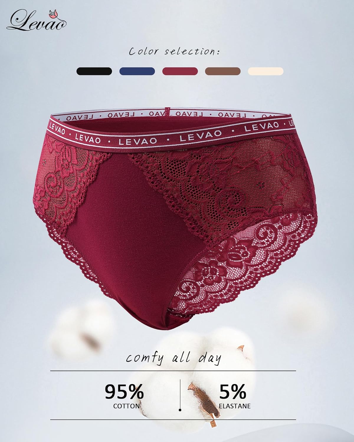 LEVAO Women's High Waist Cotton Underwear Lace Trim Bikini Panties - Soft Comfort Everyday Briefs with Logo Waistband S-2XL - Image 3