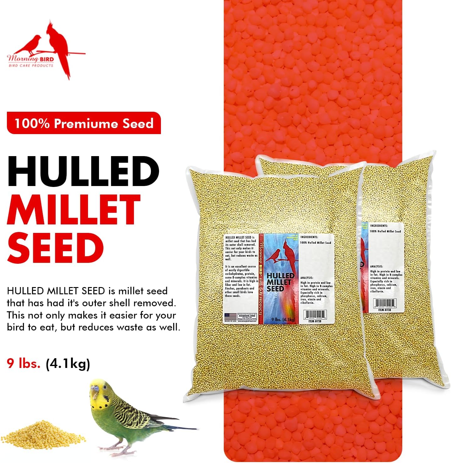 Morning Bird Hulled Millet 18 lbs (2-Pack, 9 lbs Each) – Nutritious Hulled Millet Seed - Easily Digestible with High Fiber, Rich in Vitamins & Minerals for Birds, Ideal Bird Feed for All Bird Types