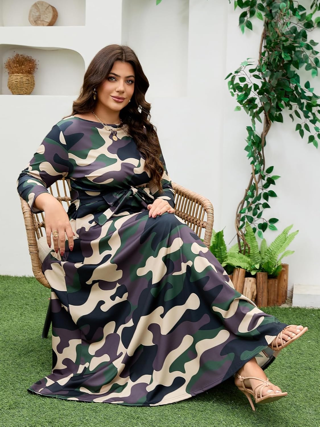 Plus Size Dress for Curvy Women Stretch Self Tie A-Line Maxi Dress with Pockets Swing Long Outfit - Image 6