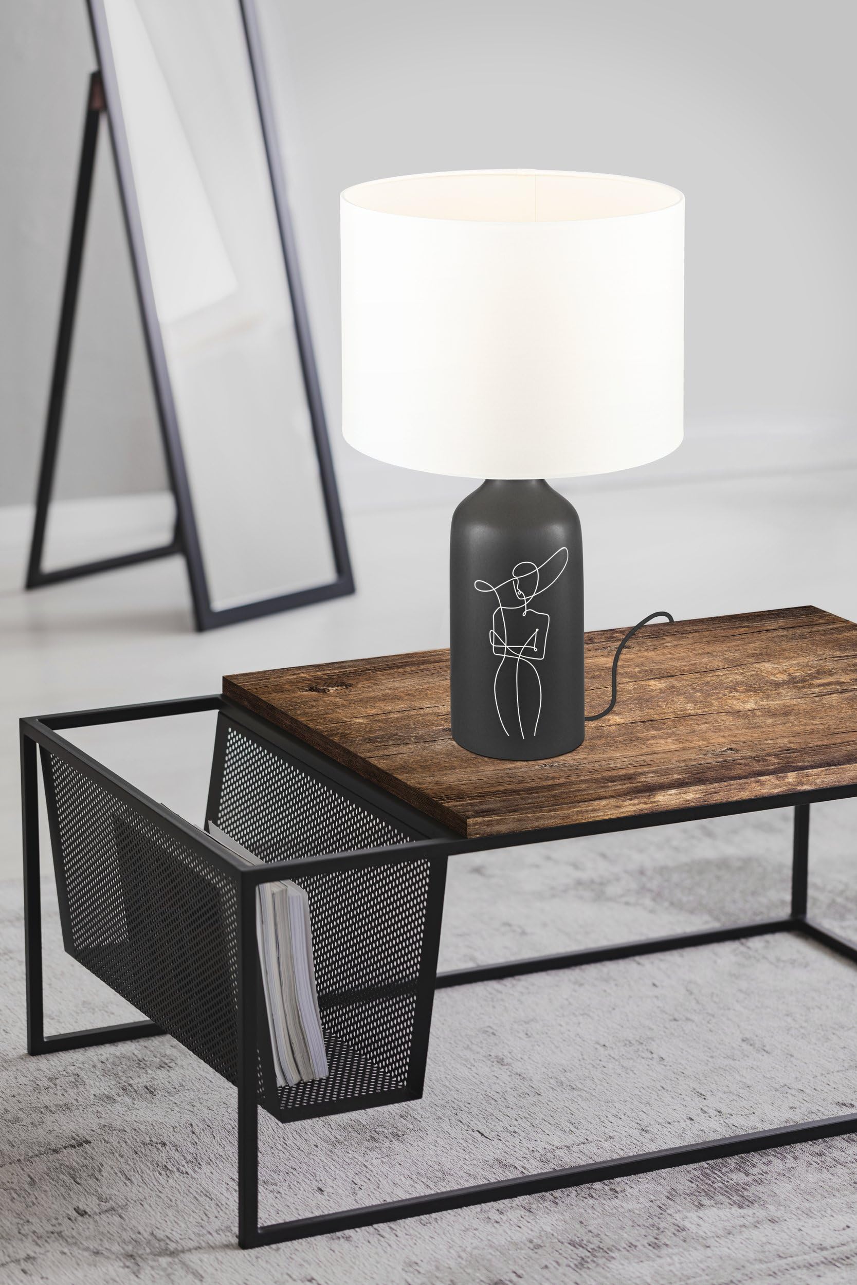 Eglo Vinoza lámpara de mesa, iluminador para mesa de noche con pantalla | luminaria de cerámica en negro con motivo y textil en blanco, dormitorio deco, luz para sala, casquillo E27