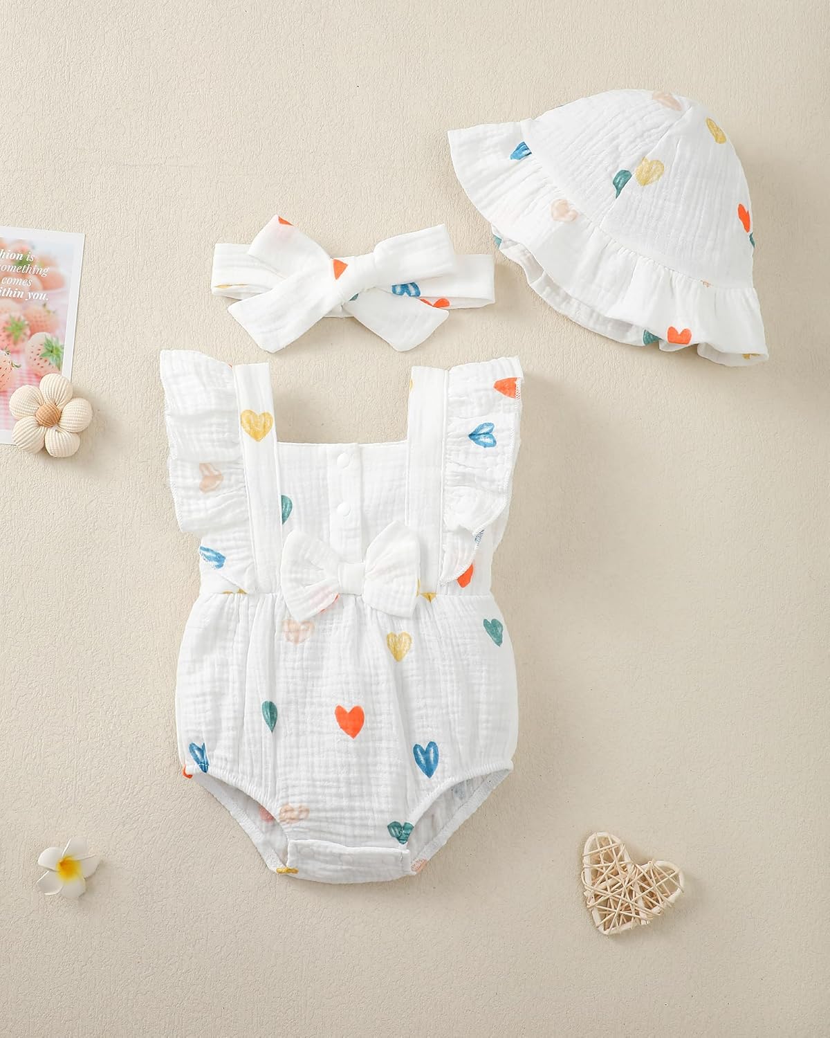 Renotemy Baby Girl Clothes Infant Summer Romper Cotton Linen Newborn Essentials Photography Preemie Outfits with Hat&Headband - Image 2