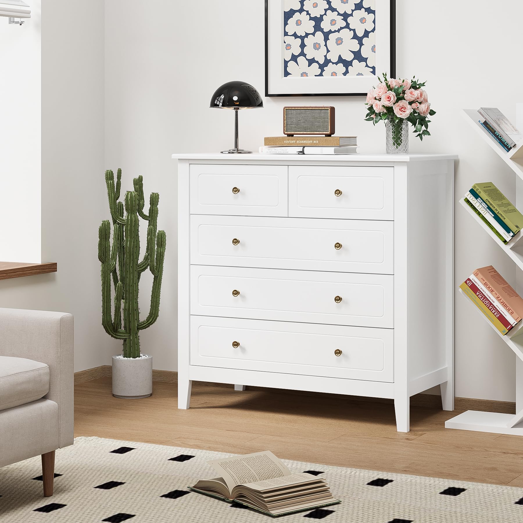 FOREHILL Kommode weiß, Kommode mit 5 Schubladen, Sideboard Komodenschrank für Schlafzimmer Wohnzimmer Flur, 80x40x80cm