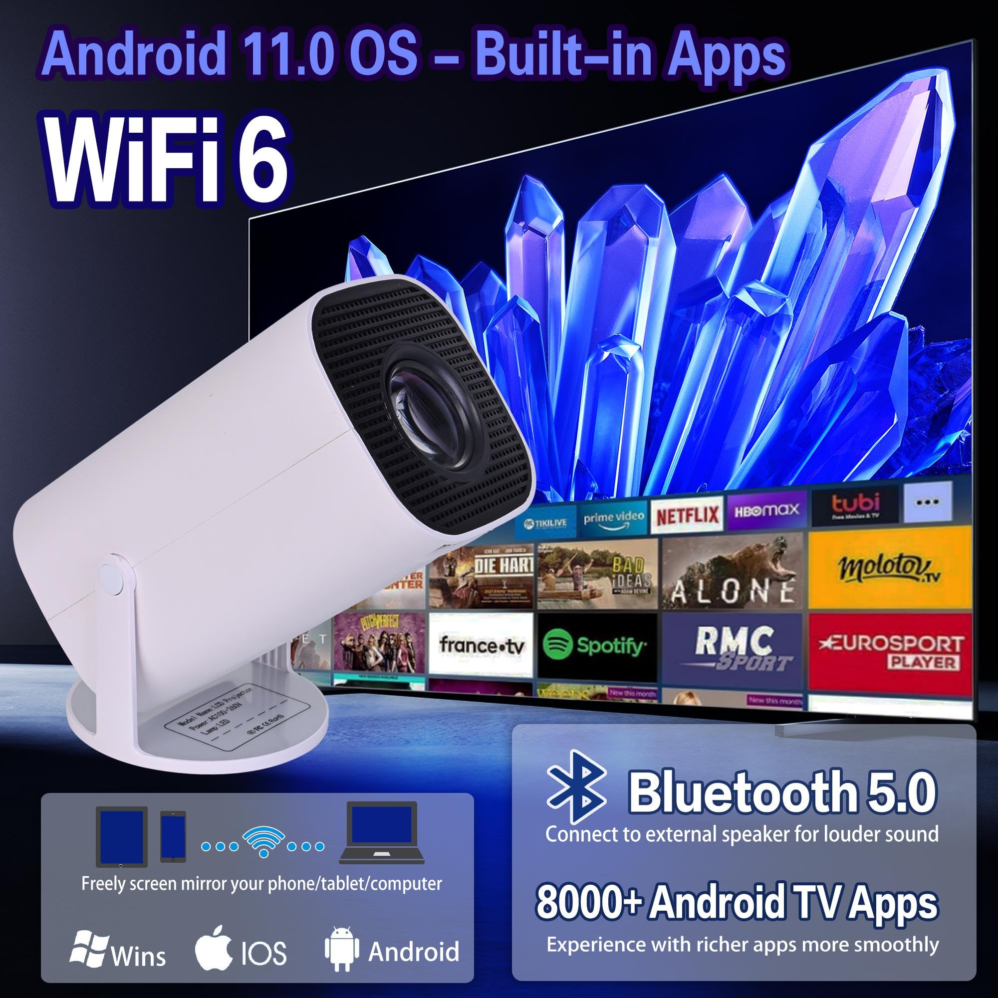 Przenośny mini projektor telewizyjny 4K do telefonu wynalazek wizji wideo projektor wideo z systemem Android 11 i Netflix - WiFi 6 dom sufit film inteligentny projektor ścienny Bluetooth + uchwyt na