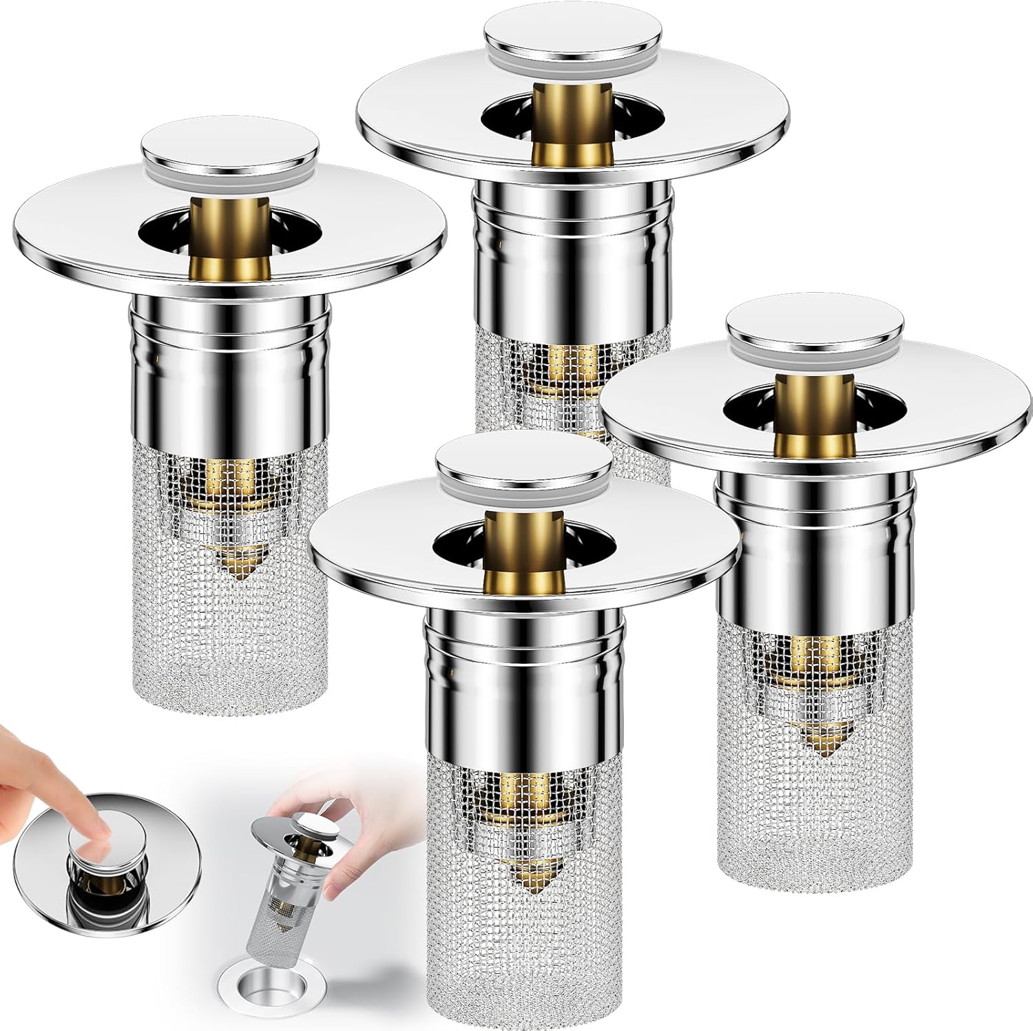 3 in 1 Sink Drain Strainer with Hair Catcher,8PCS Stainless Steel Popup Sink Stopper with Basket for Bathroom Kitchen Shower,Pop-up Bounce Core Floor Basin Drain Filter,Replacement Sink Plug