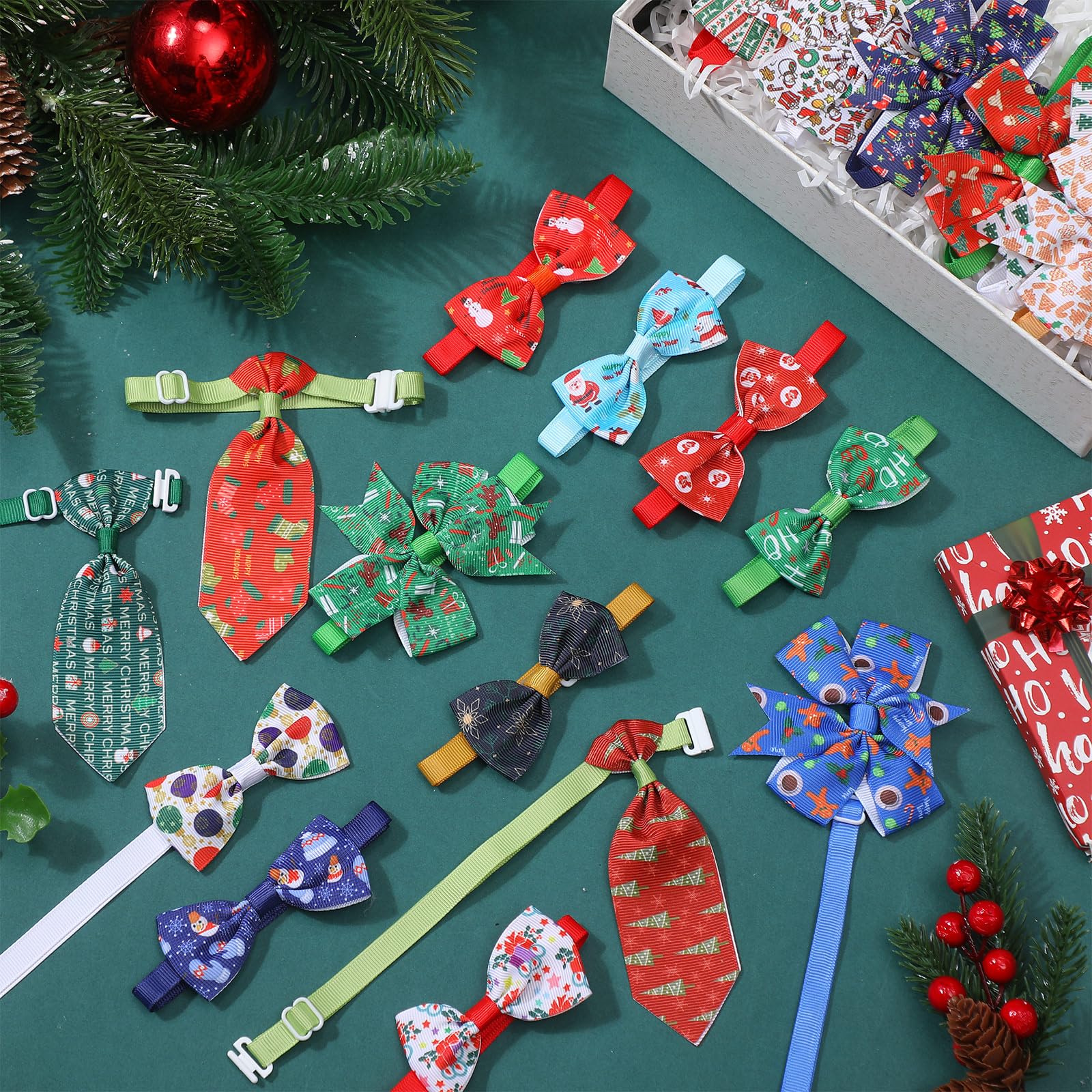Abbylike 300 Stück Weihnachts-Hunde-Fliegen-Halsbänder-Set enthält 100 Hunde-Fliegen, 100 Schleifen-Halsbänder, 100 Hunde-Krawatten mit verstellbarer Schnalle, Weihnachtszubehör für Hunde und Katzen,