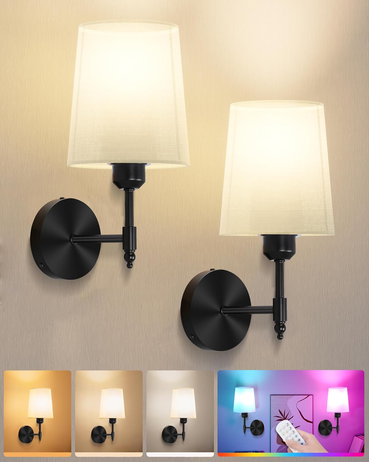 Ouyulong Battery Operated Wall Sconces Set of 2, Wireless Rechargeable Dimmable Wall Light with 5600mAh RGB Bulb and Remote for Bedroom, Living Room, Hallway (Black) Black 2 Packs