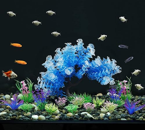 Miniatura 6 de MyLifeUNIT Fish Tank Decorations 15 Pack Artificial Aquarium Plants Tree Set for Fish Tank Decor Bule Set