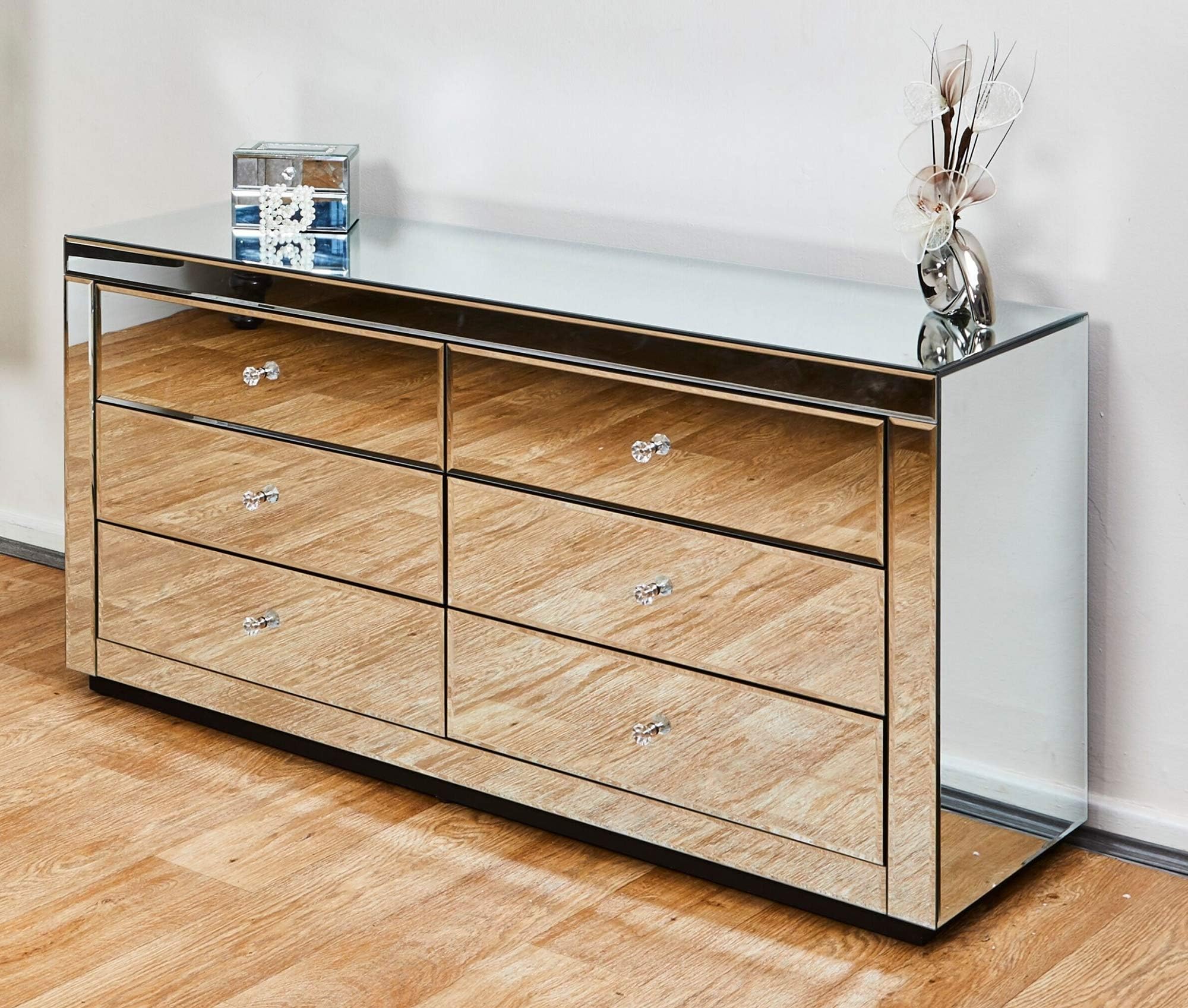 Abreo Venetian Mirrored 6 Drawer Chest Black Lined with Crystal Handles