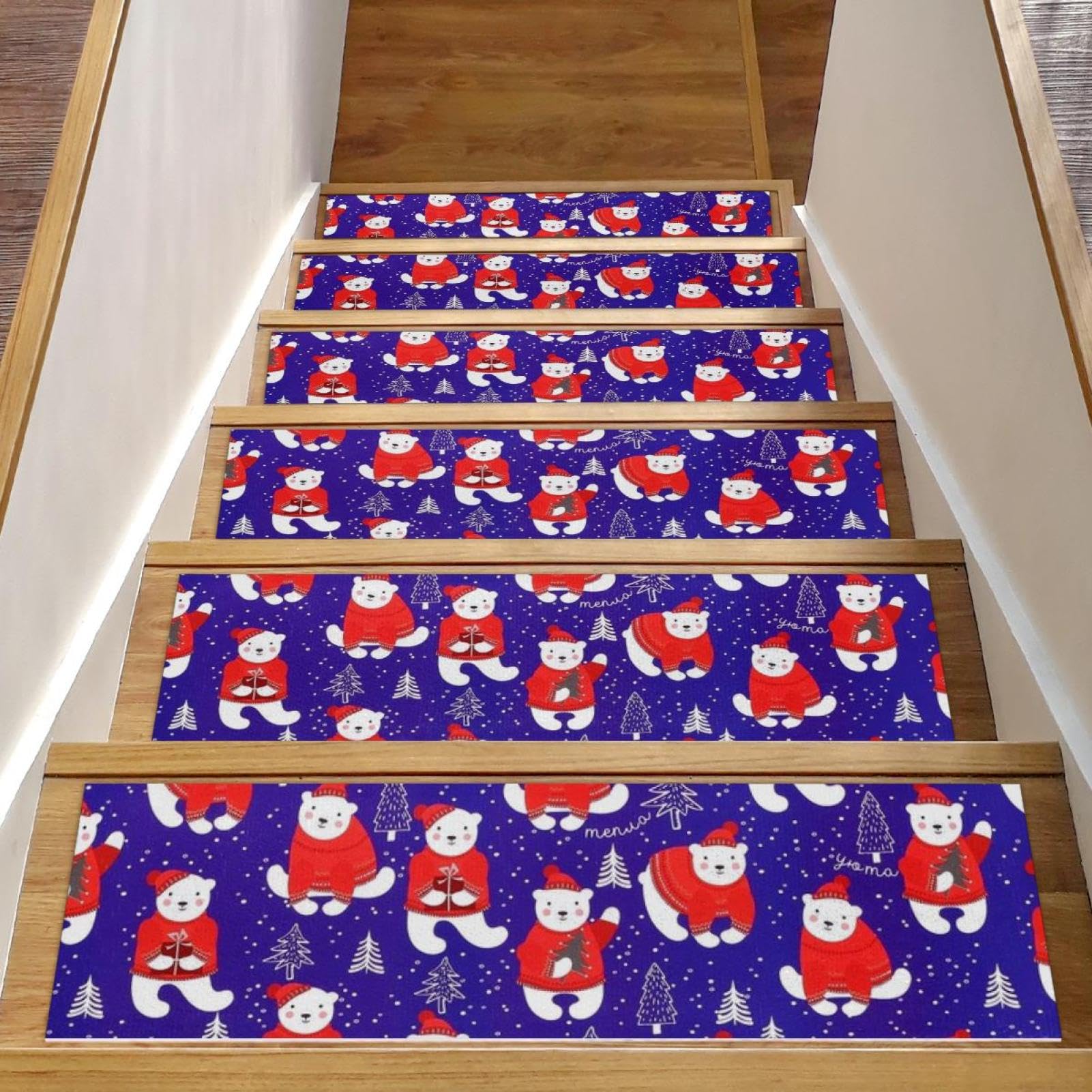 Alfombras antideslizantes para escaleras interiores de madera de oso navideño
