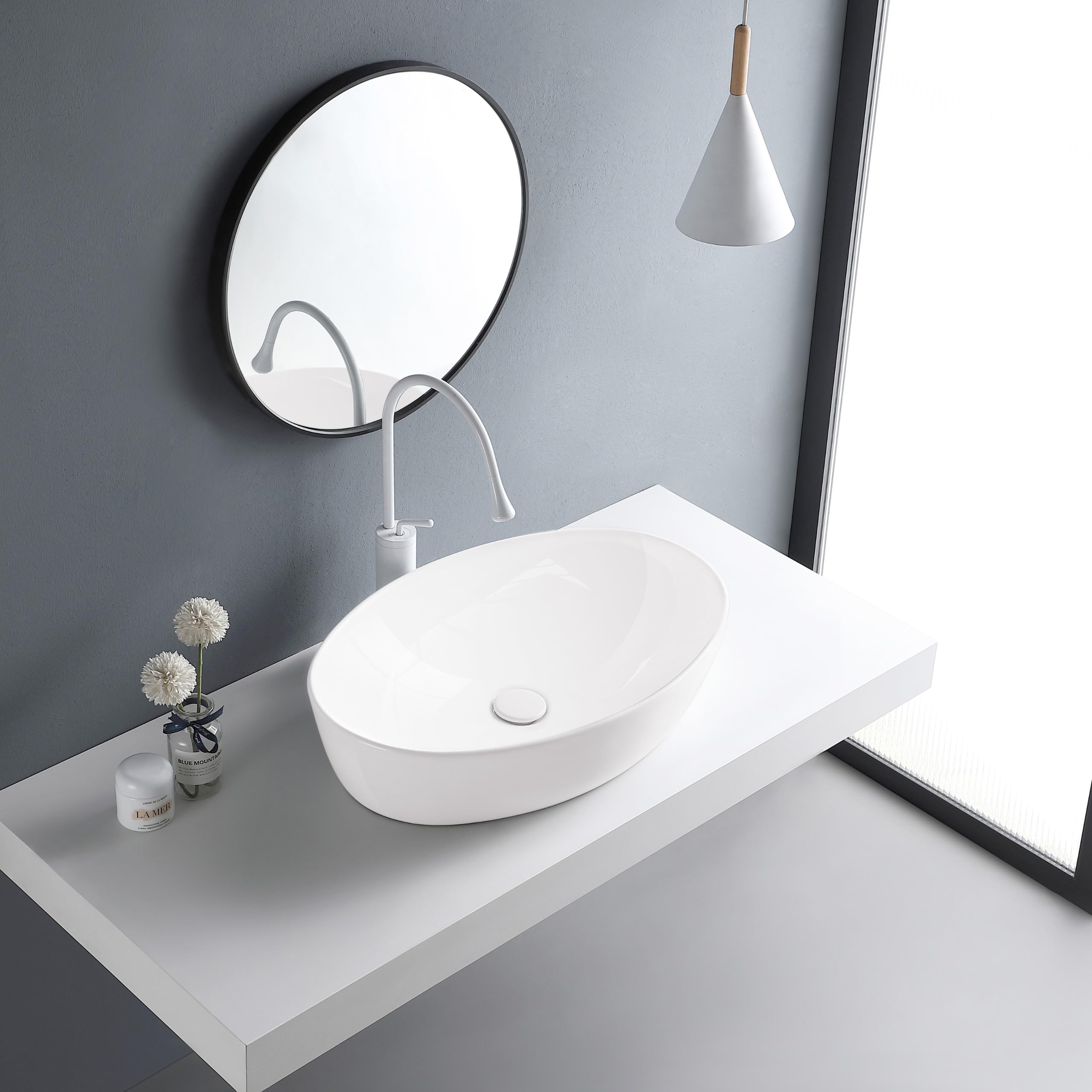 Aquauno Lili Lavabo Ovalado Cerámica Blanca 62x42 cm sin Orificio Grifo Rebosadero