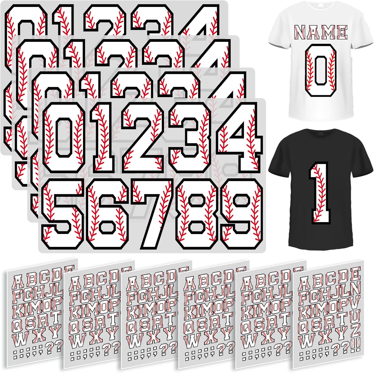 Zhanmai 10 Sheets 280 Pcs 1.65 Inch A-z Heat Transfer Letters 8 Inch 0 to 9 Iron on Numbers Iron on Letters and Numbers for Team Sport T Shirt DIY(Baseball)