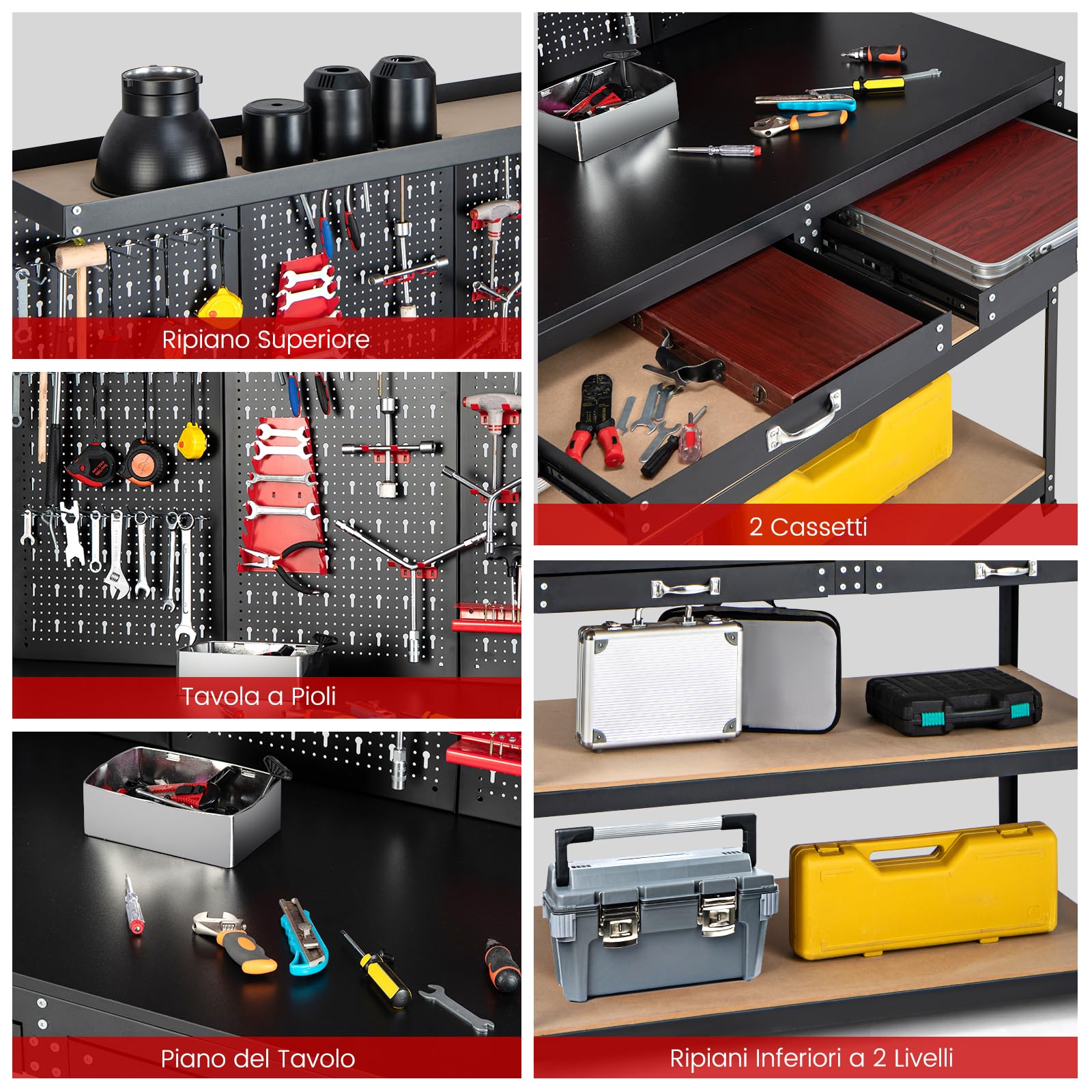 COSTWAY Banco da Lavoro con Pannello a Chiodi, Tavolo da Officina con Cassetti, Ripiani e 25 Accessori Appendibili, Carico Massimo 435 kg, per Garage, Casa, Officina e Magazzino